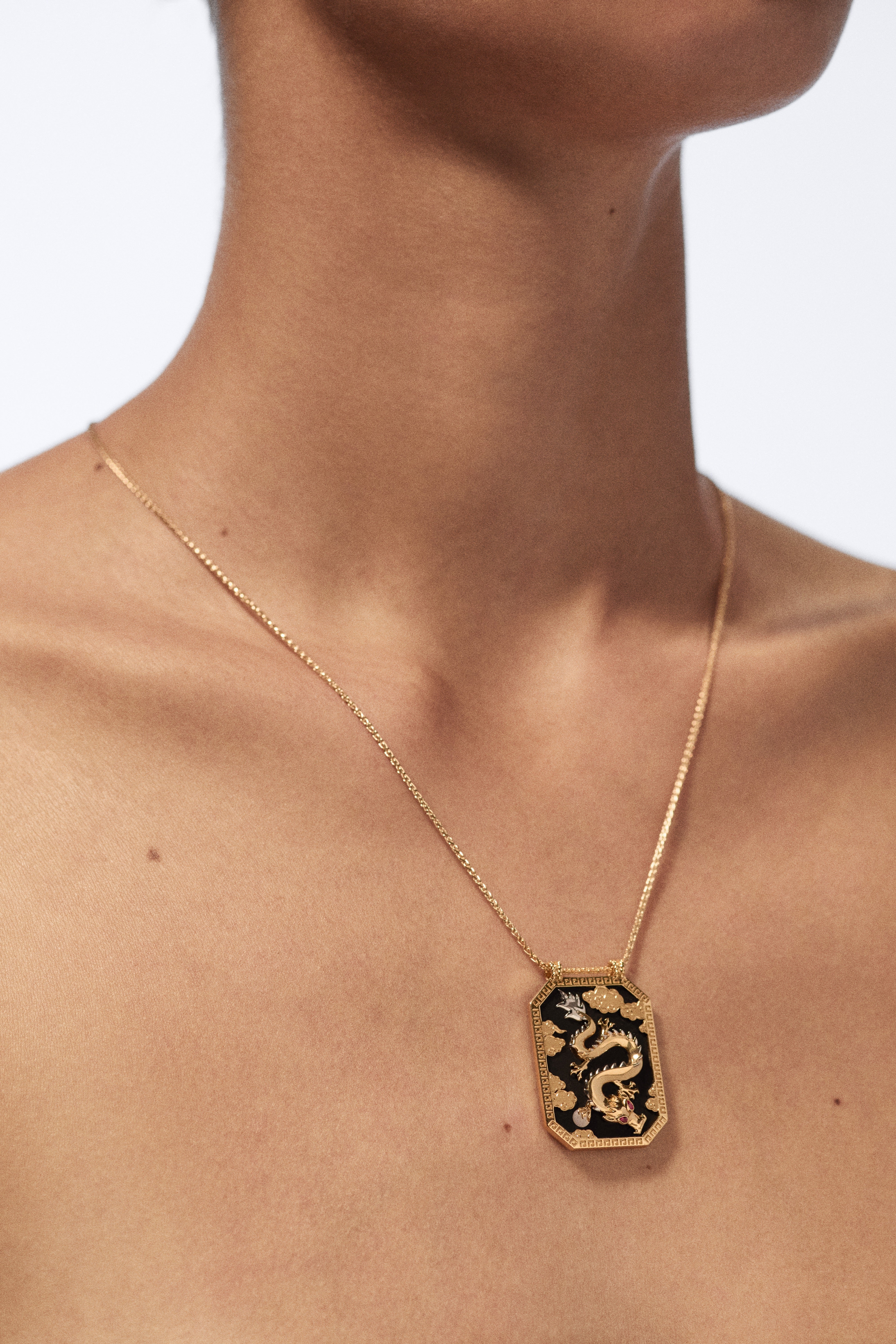 18k yellow gold black ebony wood scapular with GIA certified diamond Touch Wood by Marie Lichtenberg on a chain Tiny Gods 