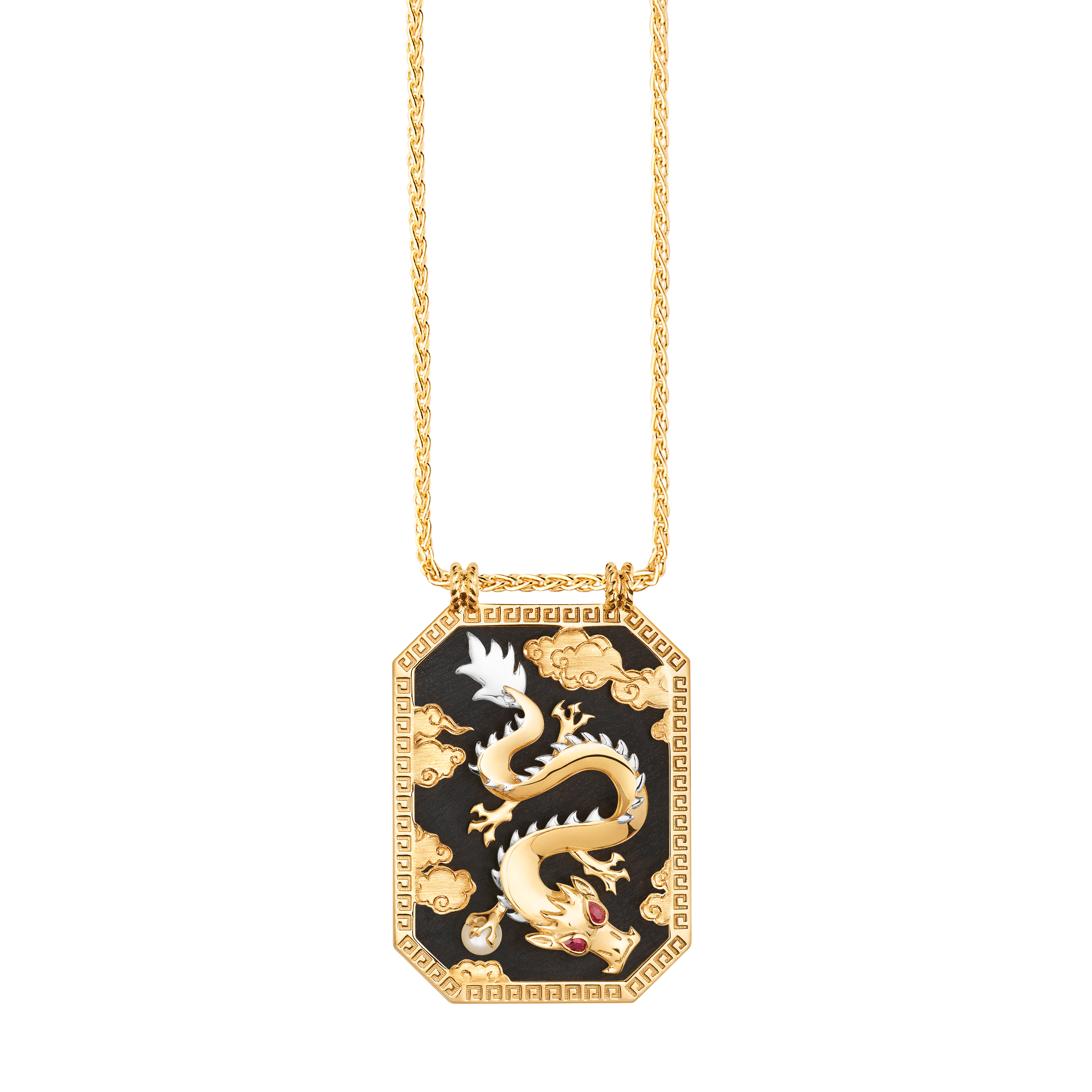 18k yellow gold black ebony dragon scapular with ruby eyes pendant necklace by Marie Lichtenberg Tiny Gods 