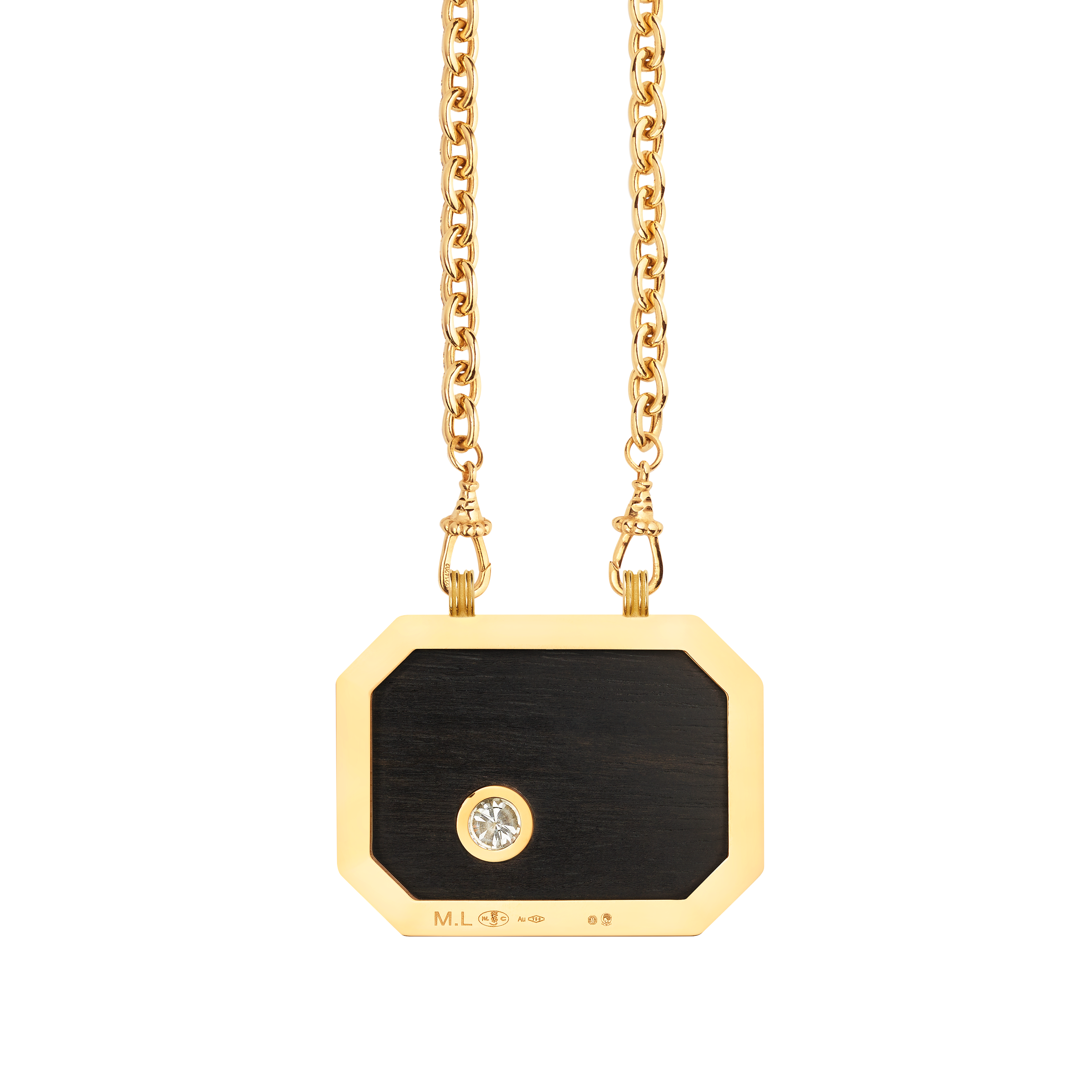 18k yellow gold black ebony wood scapular with GIA certified diamond Touch Wood by Marie Lichtenberg on a chain Tiny Gods 