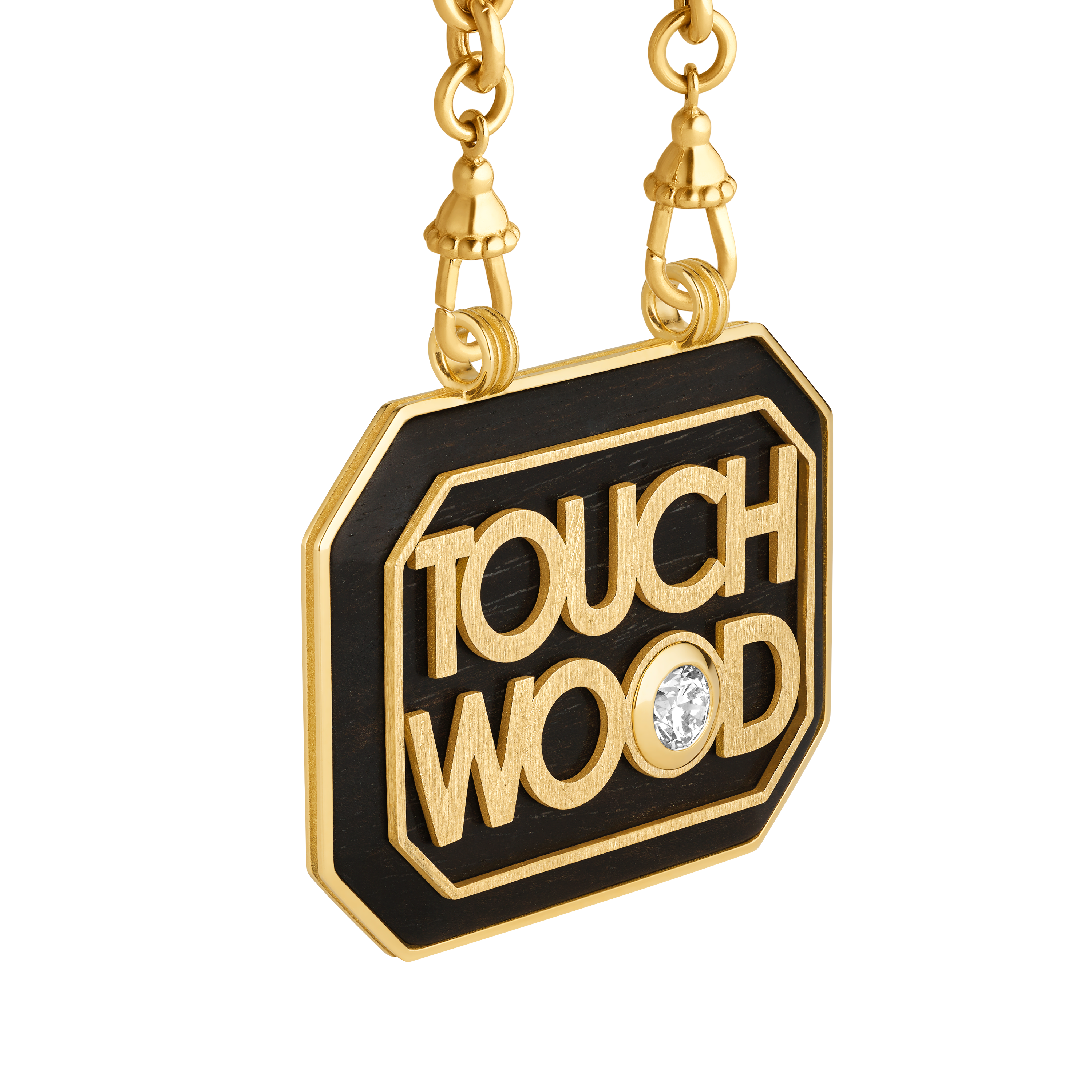 18k yellow gold black ebony wood scapular with GIA certified diamond Touch Wood by Marie Lichtenberg on a chain Tiny Gods 