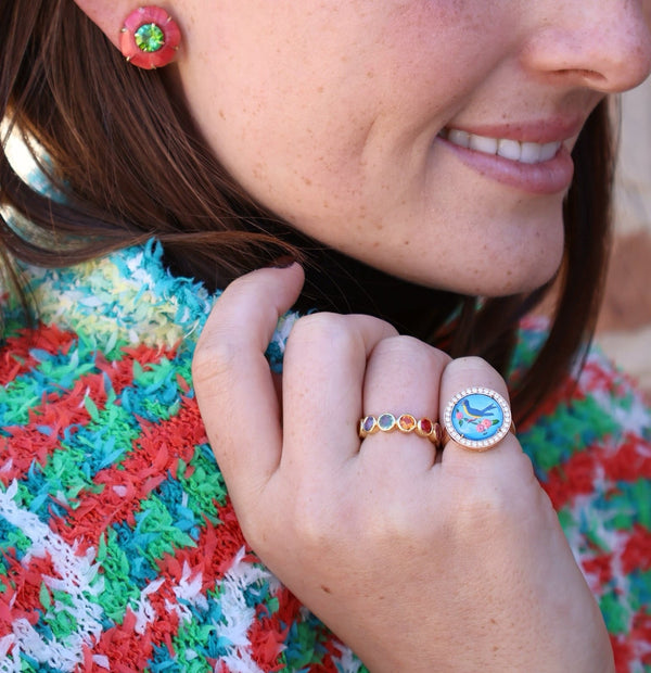 18k yellow gold diamond blue bird hand painted Essex crystal ring by Francesca Villa Tiny Gods