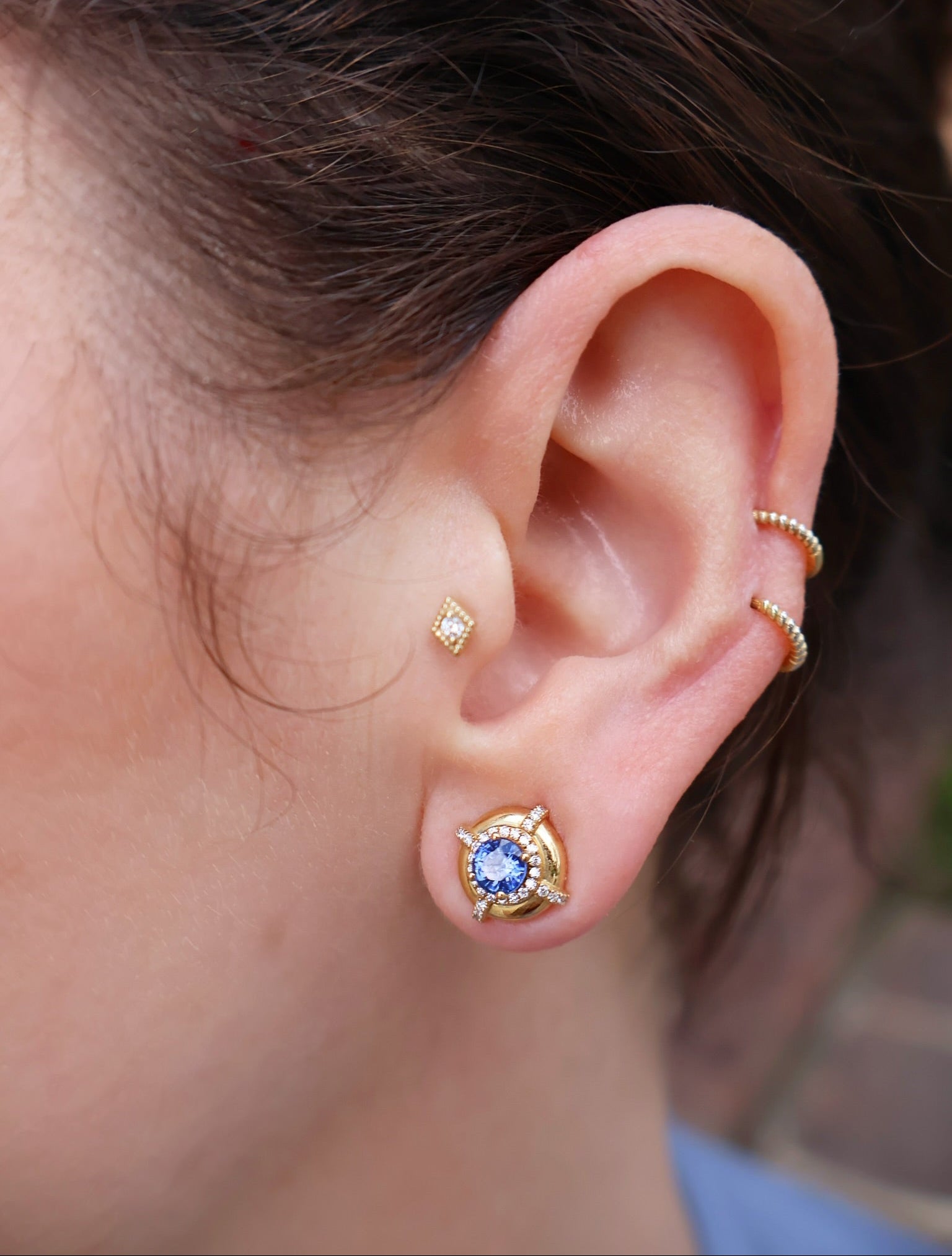 yellow gold blue sapphire medallion stud earring goshwara tiny gods 