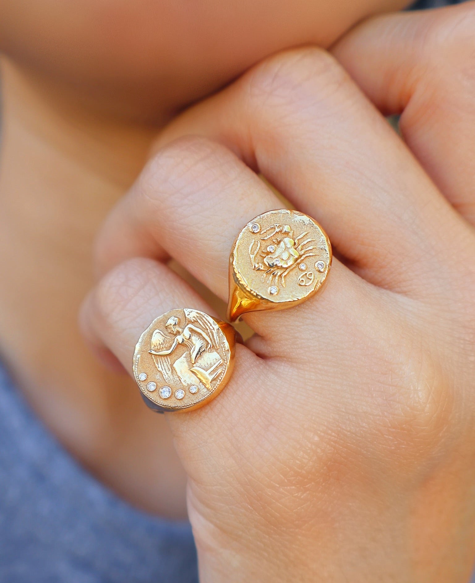 cancer zodiac crab diamond signet ring azlee tiny gods yellow gold
