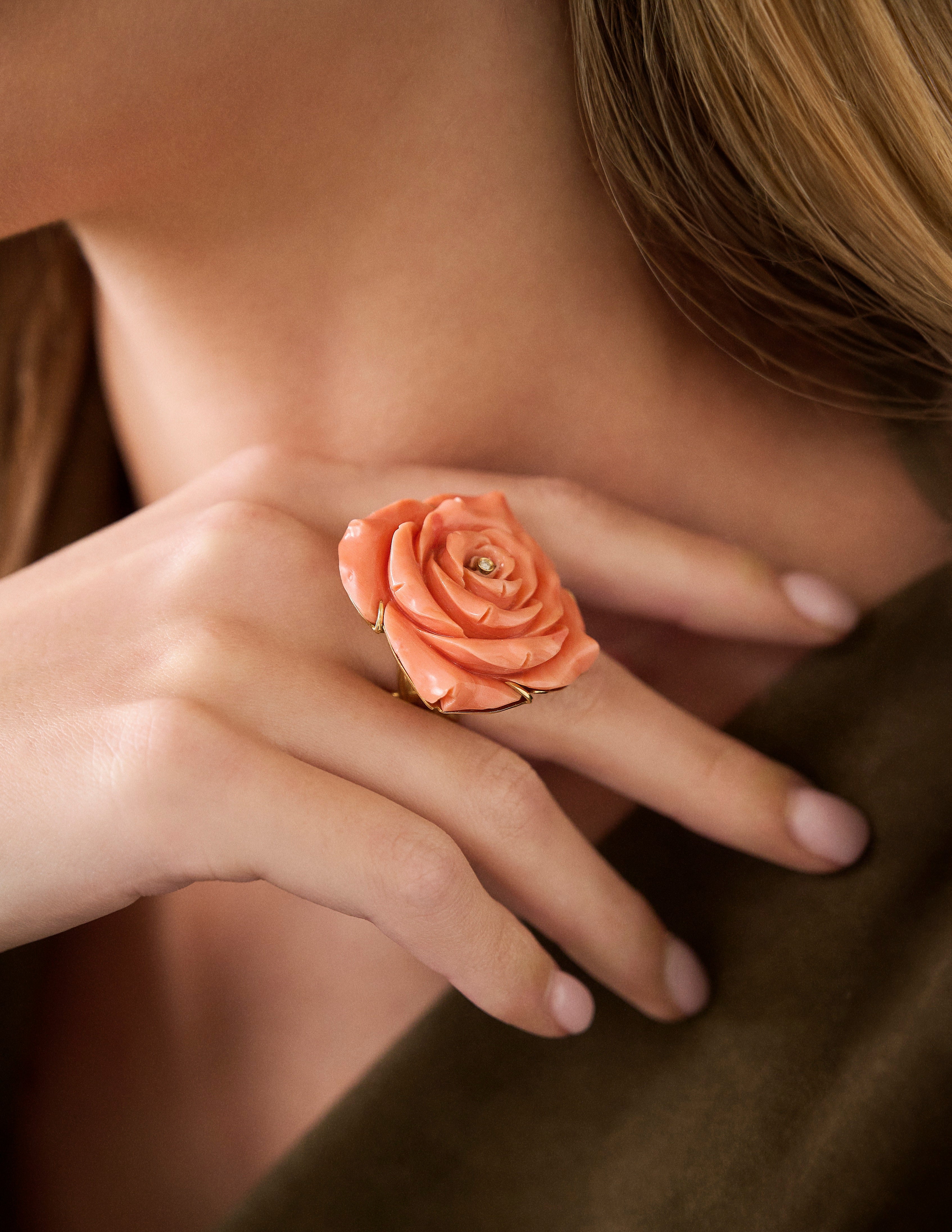 18k yellow gold carved coral rose flower ring with diamond by Silvia Furmanovich Around the world collection Tiny Gods 