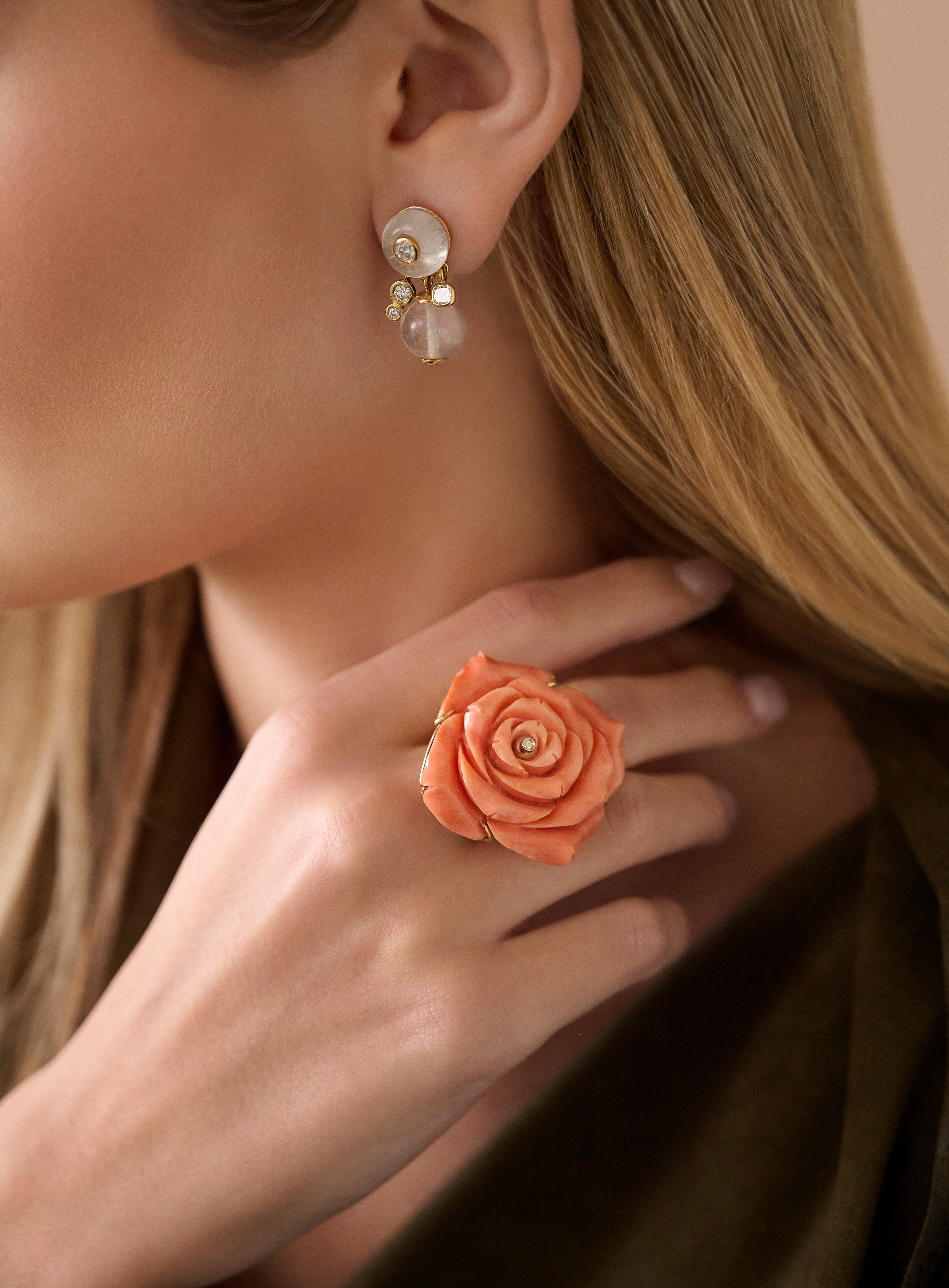 18k yellow gold carved coral rose flower ring with diamond by Silvia Furmanovich Around the world collection Tiny Gods 