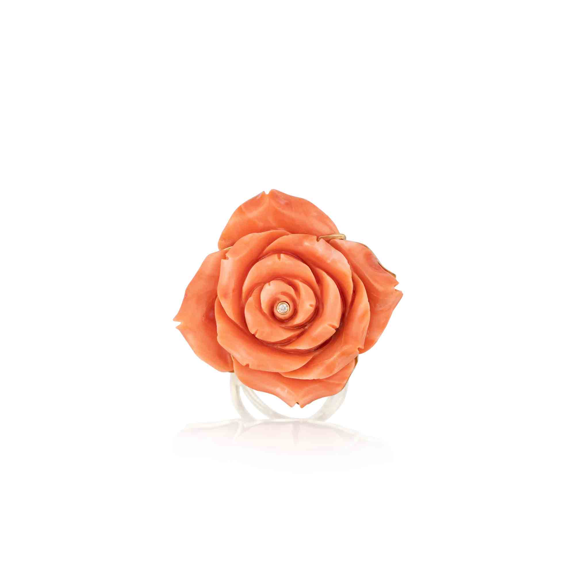 18k yellow gold carved coral rose flower ring with diamond by Silvia Furmanovich Around the world collection Tiny Gods 