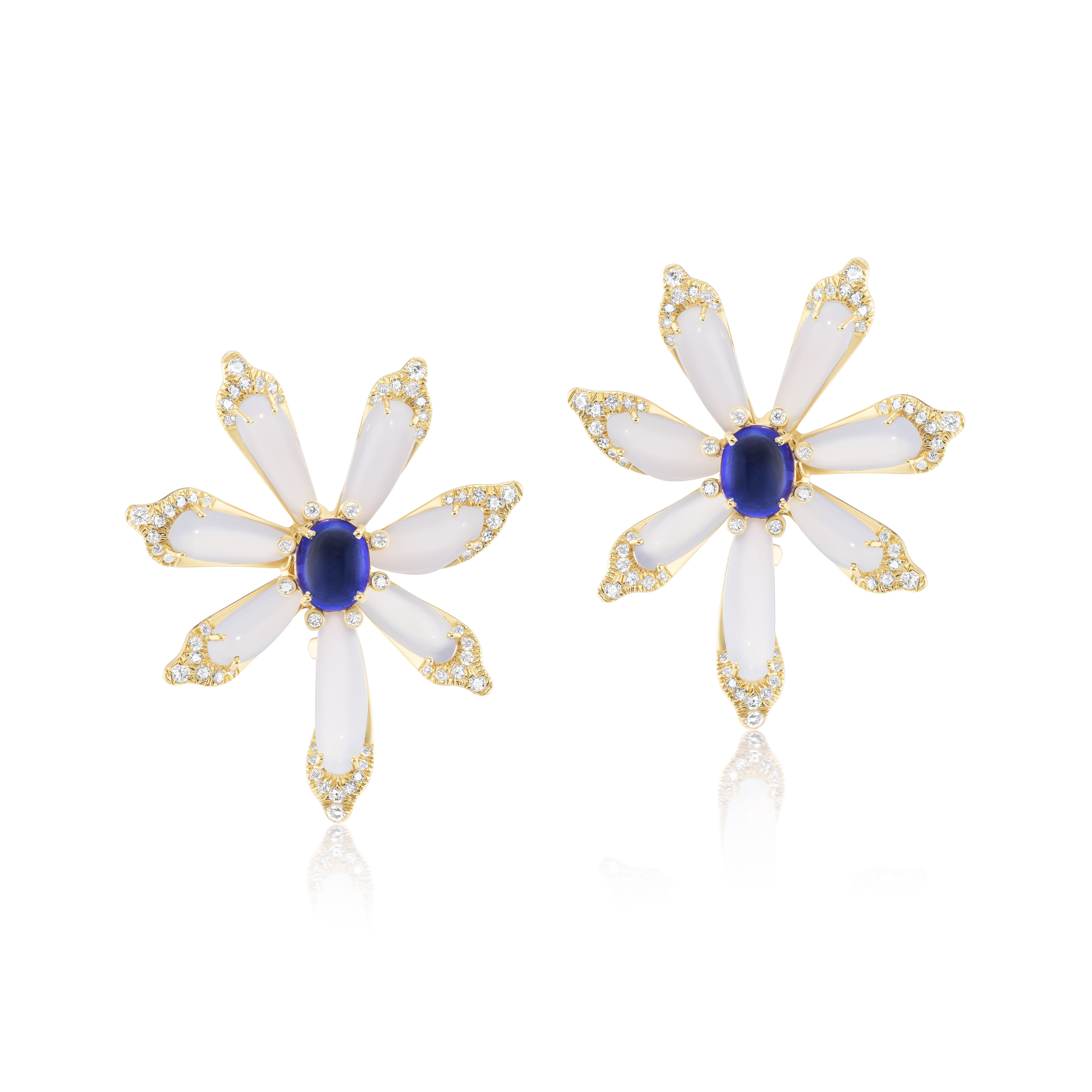 18k yellow gold Chalcedony & Tanzanite Flower Earrings by Tallin statement at tiny gods