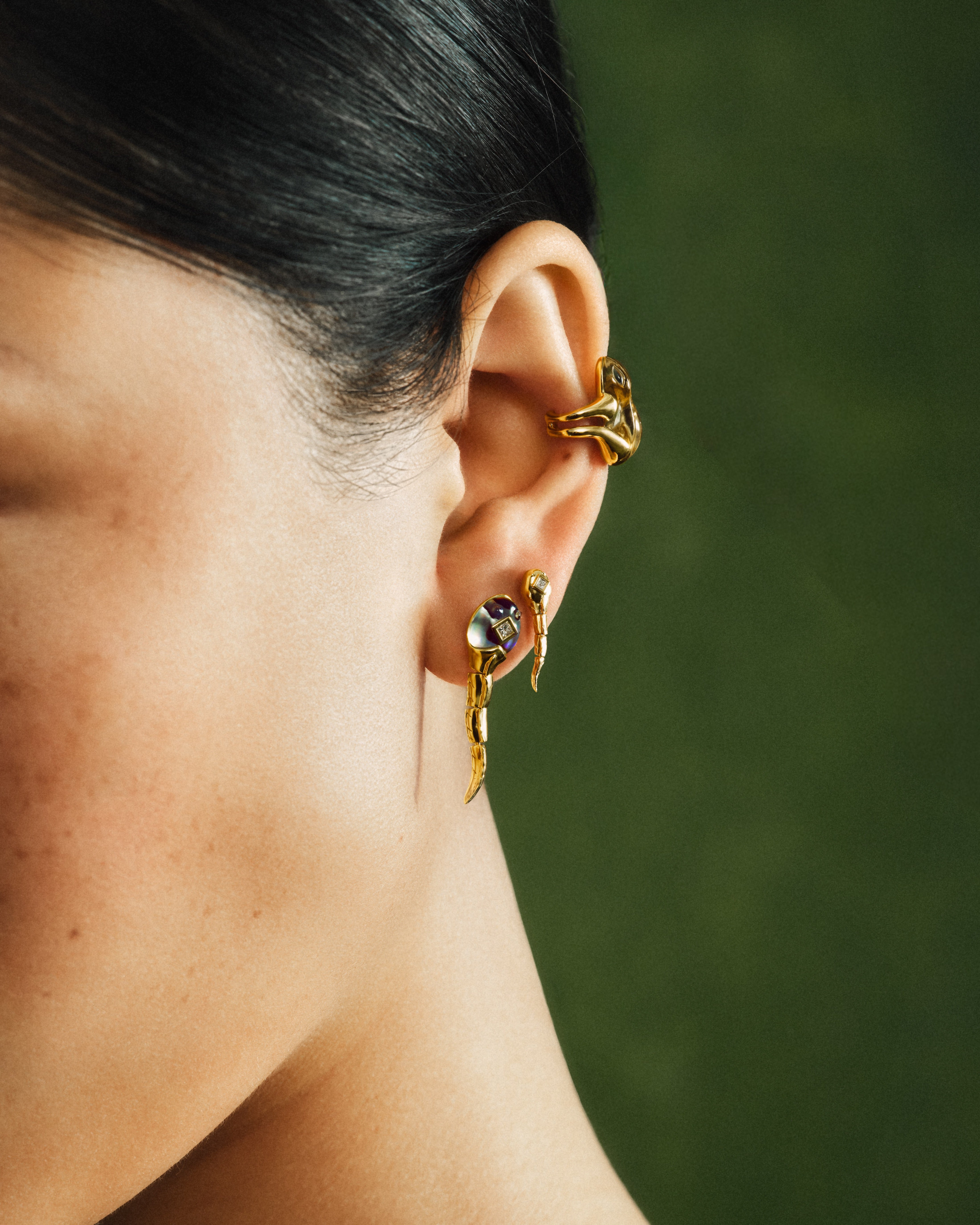 18k yellow gold diamond crystal carved abalone shell tadpole earring by Bibi van der Velden Tiny Gods 