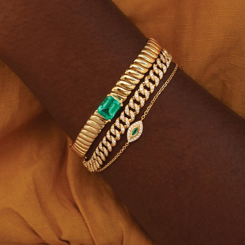 18k yellow gold diamond emerald evil eye bracelet by Anita Ko Tiny Gods