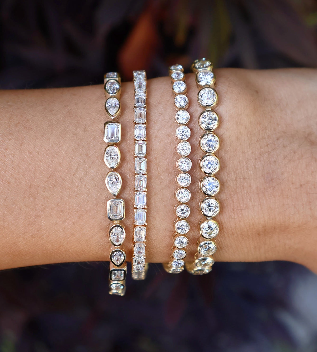 14k yellow gold multi shape oval pear and emerald cut bezel set tennis diamond bracelet Tiny Gods 