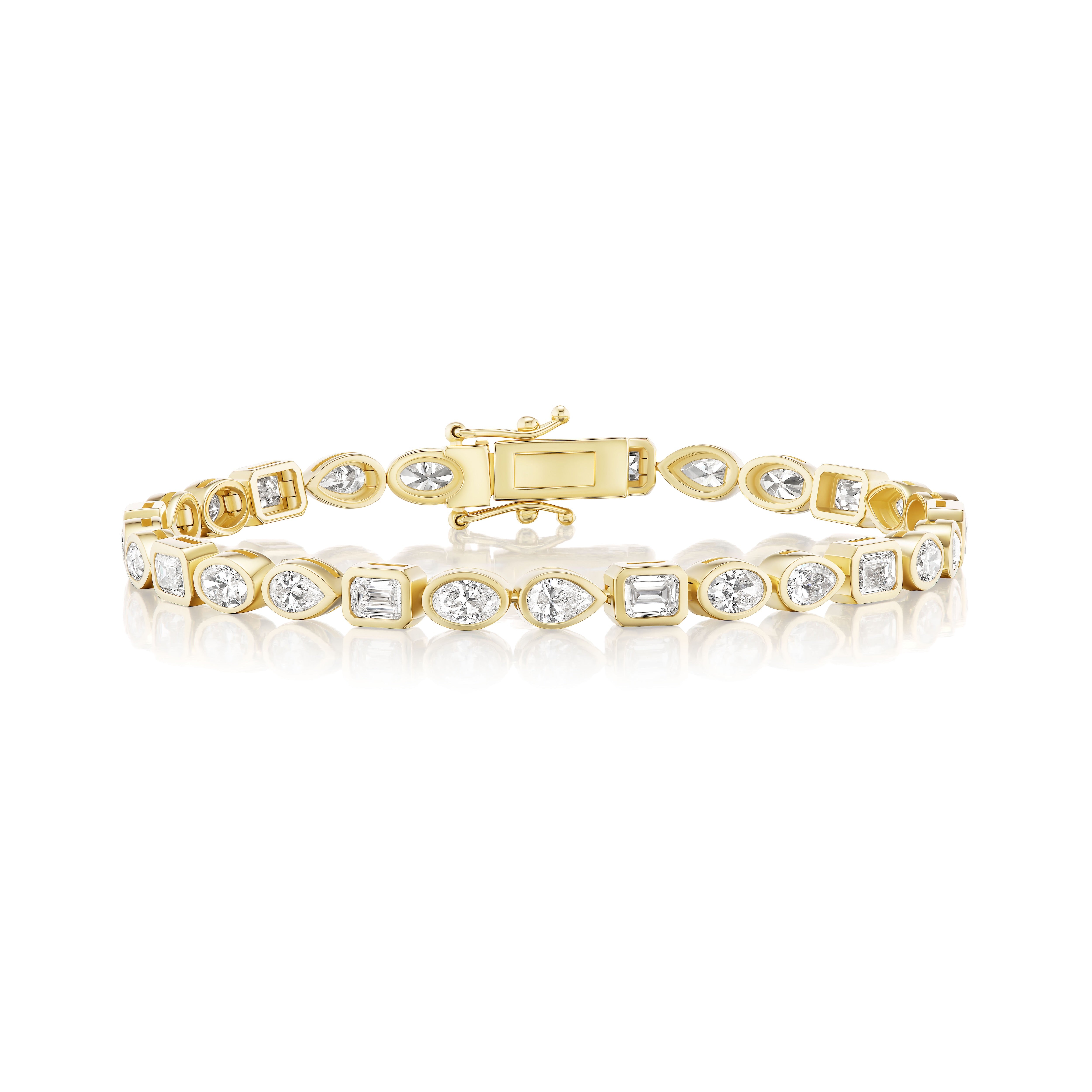 yellow gold bezel set multi shape diamond tennis bracelet 