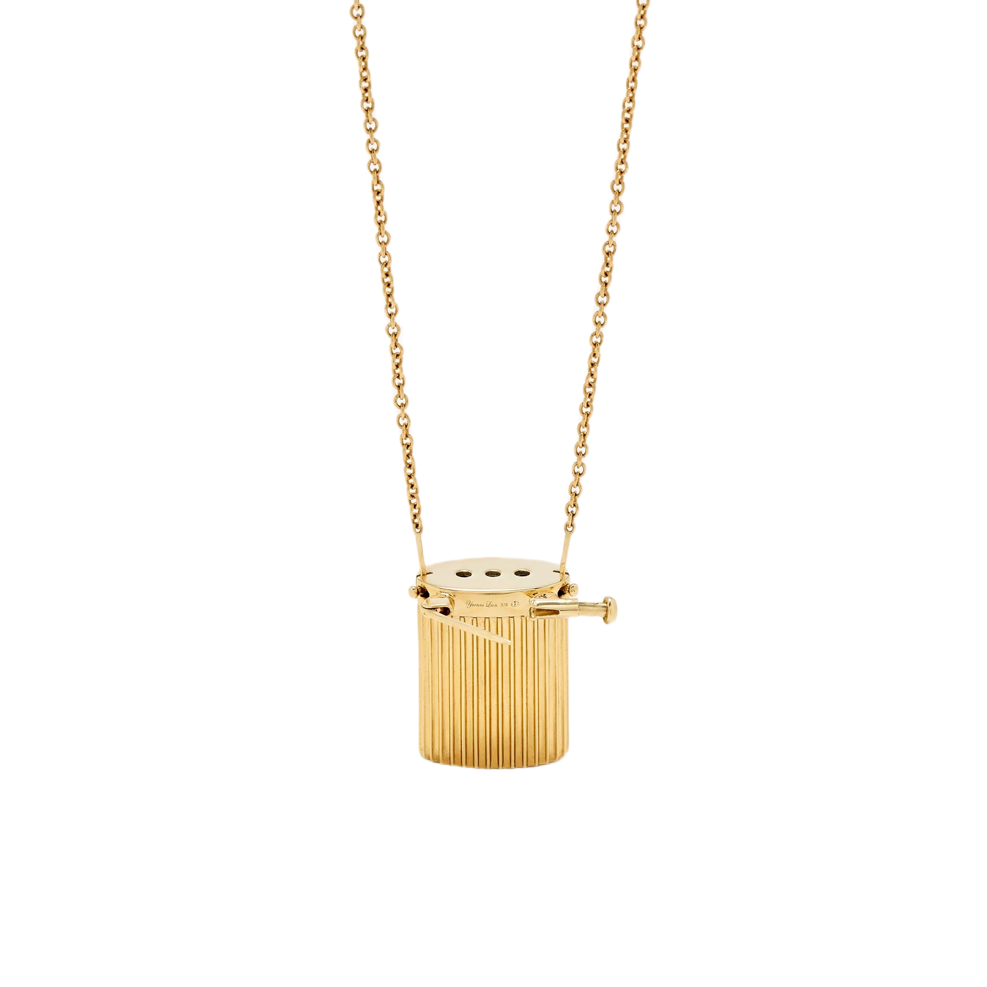 Yellow gold and diamond flower vase brooch pendant, flower stem holder necklace by Yvonne Leon and Tiny Gods
