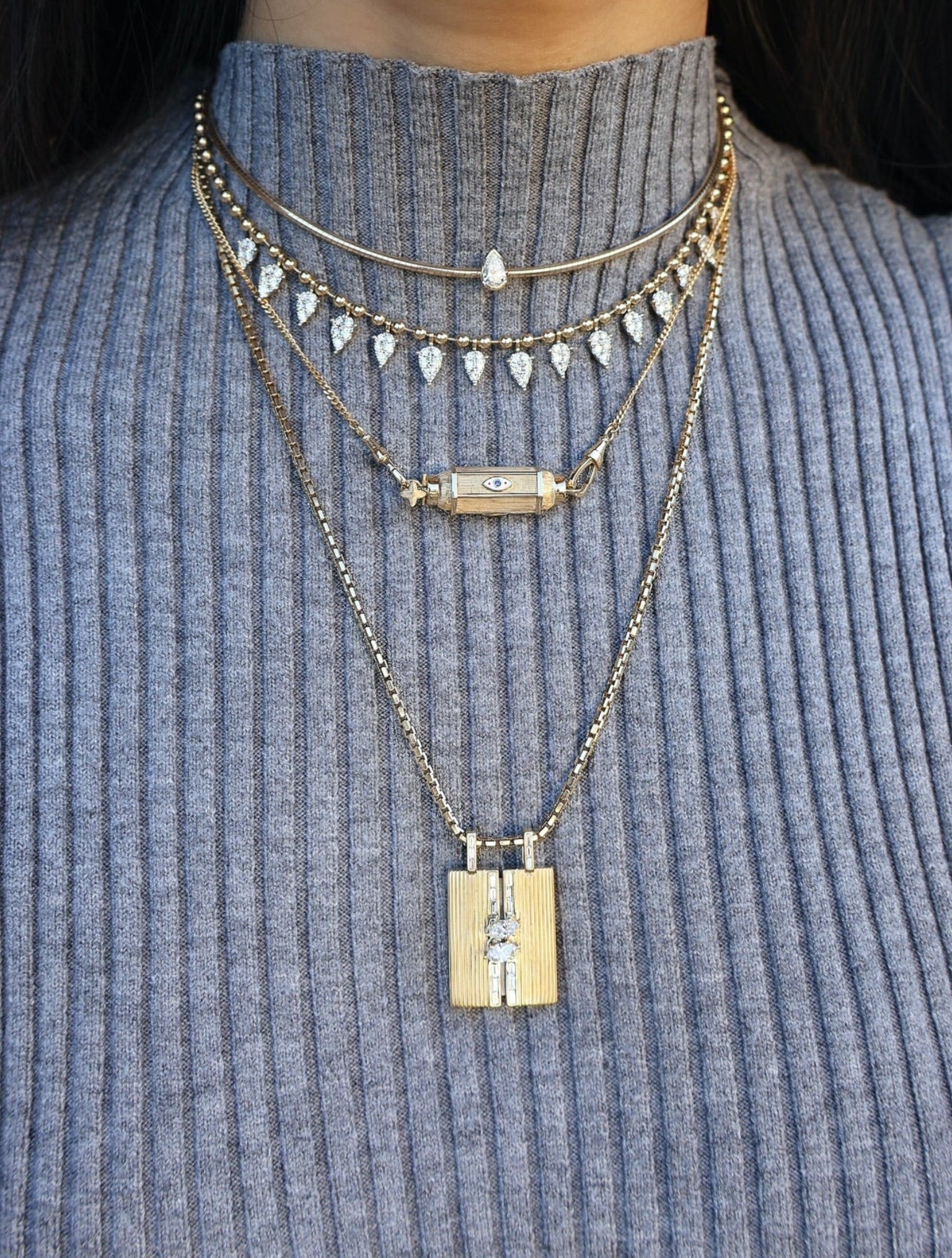 14k yellow gold diamond teardrop fringe necklace ball chain Tiny Gods 