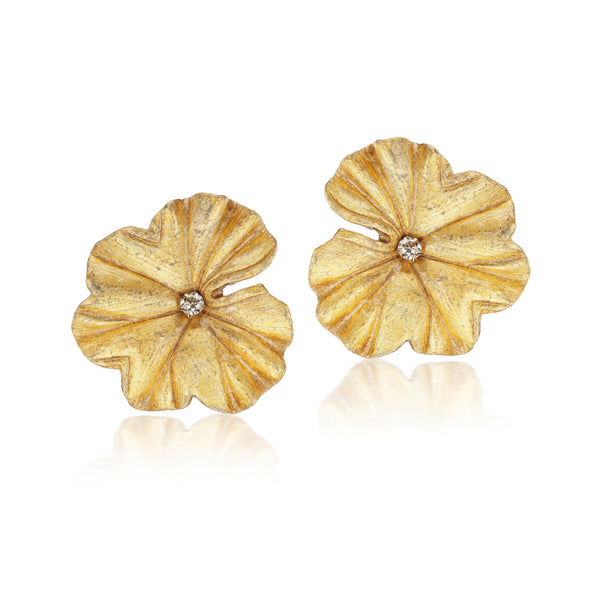 18k yellow gold marquetry earrings in geranium leaf format gold leaf with champagne diamond statement earrings by Silvia Furmanovich Tiny Gods