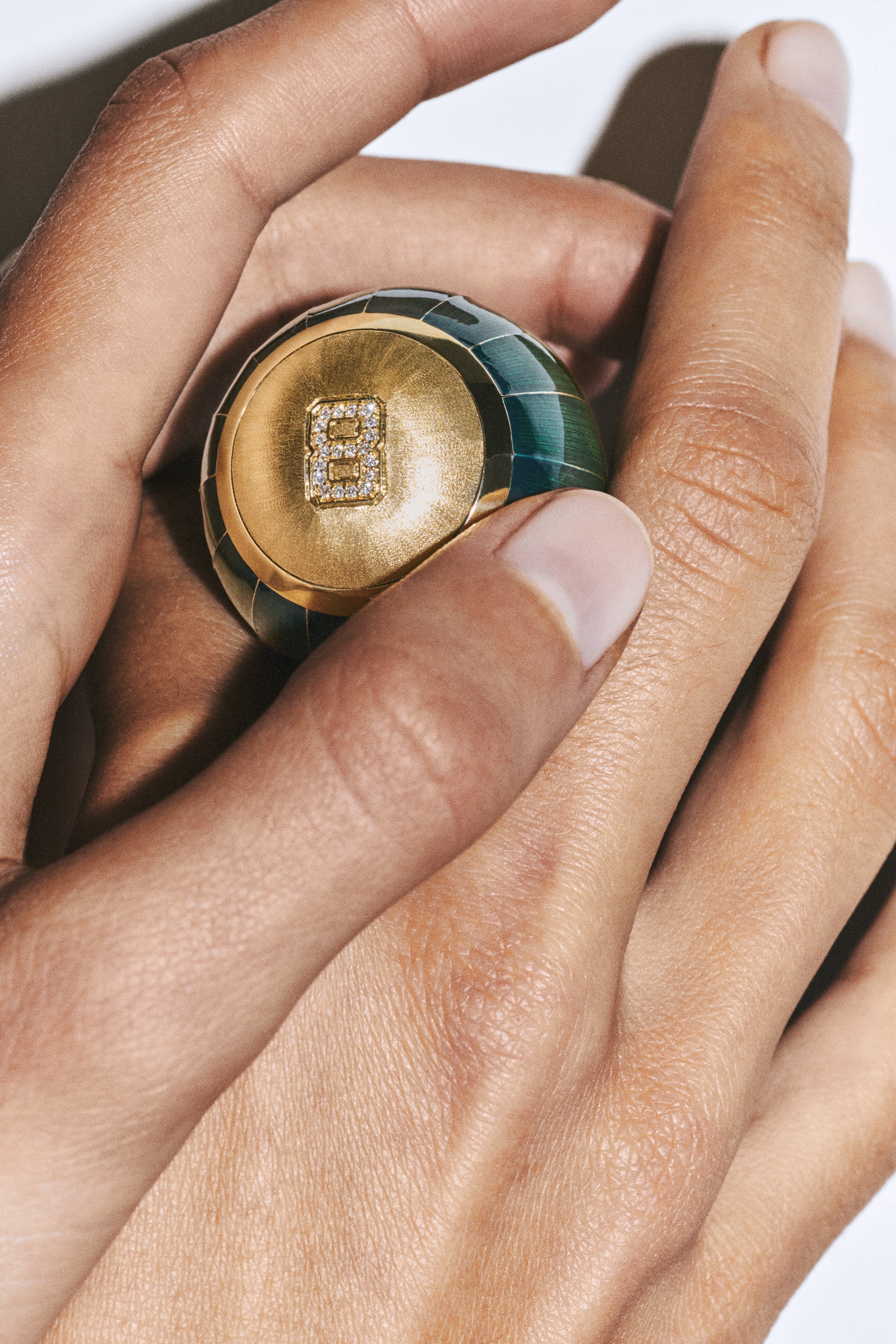 18k yellow gold green diamond magic 8 ball charm pendant necklace on an Indian chain by Marie Lichtenberg Tiny Gods 