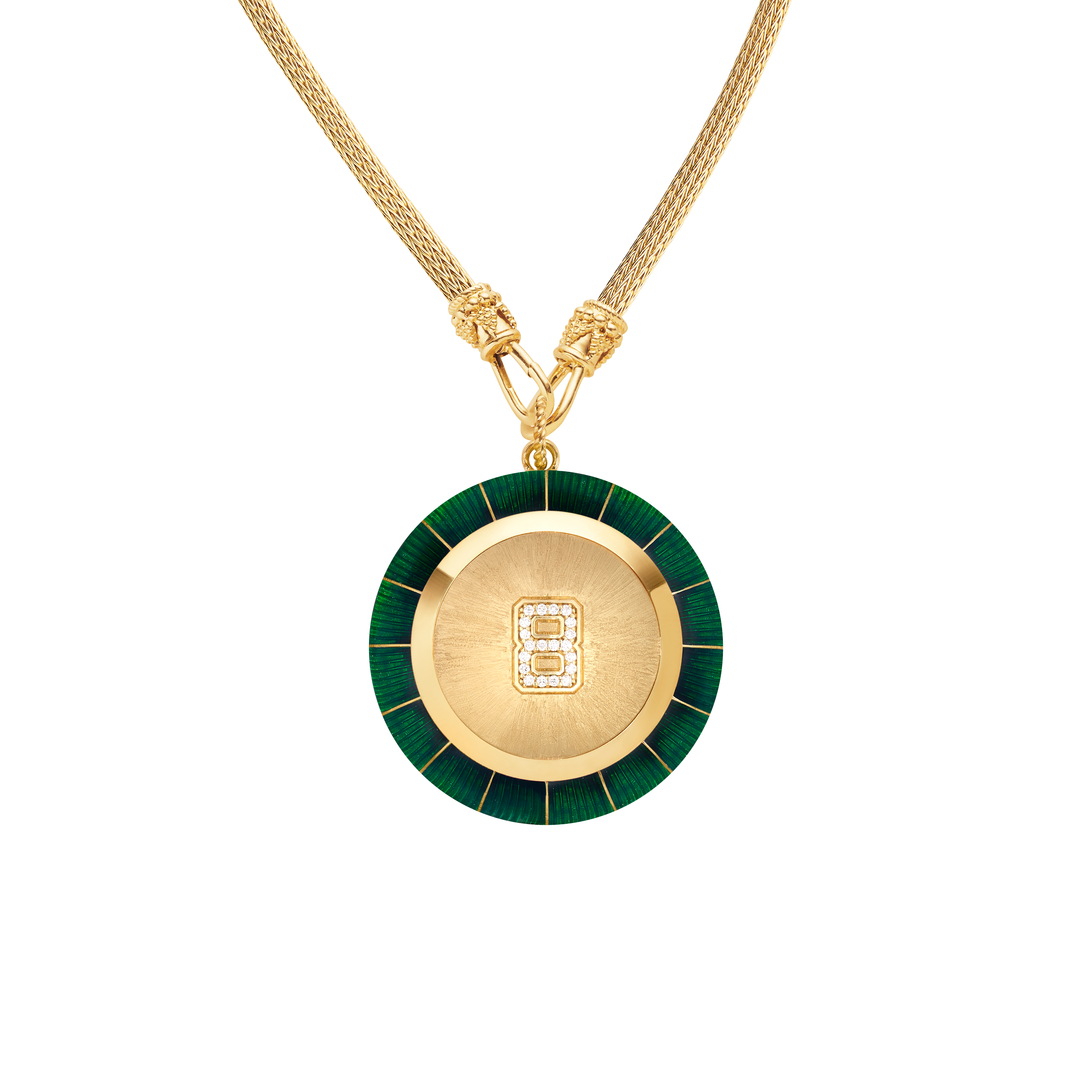 18k yellow gold green diamond magic 8 ball charm pendant necklace on an Indian chain by Marie Lichtenberg Tiny Gods 