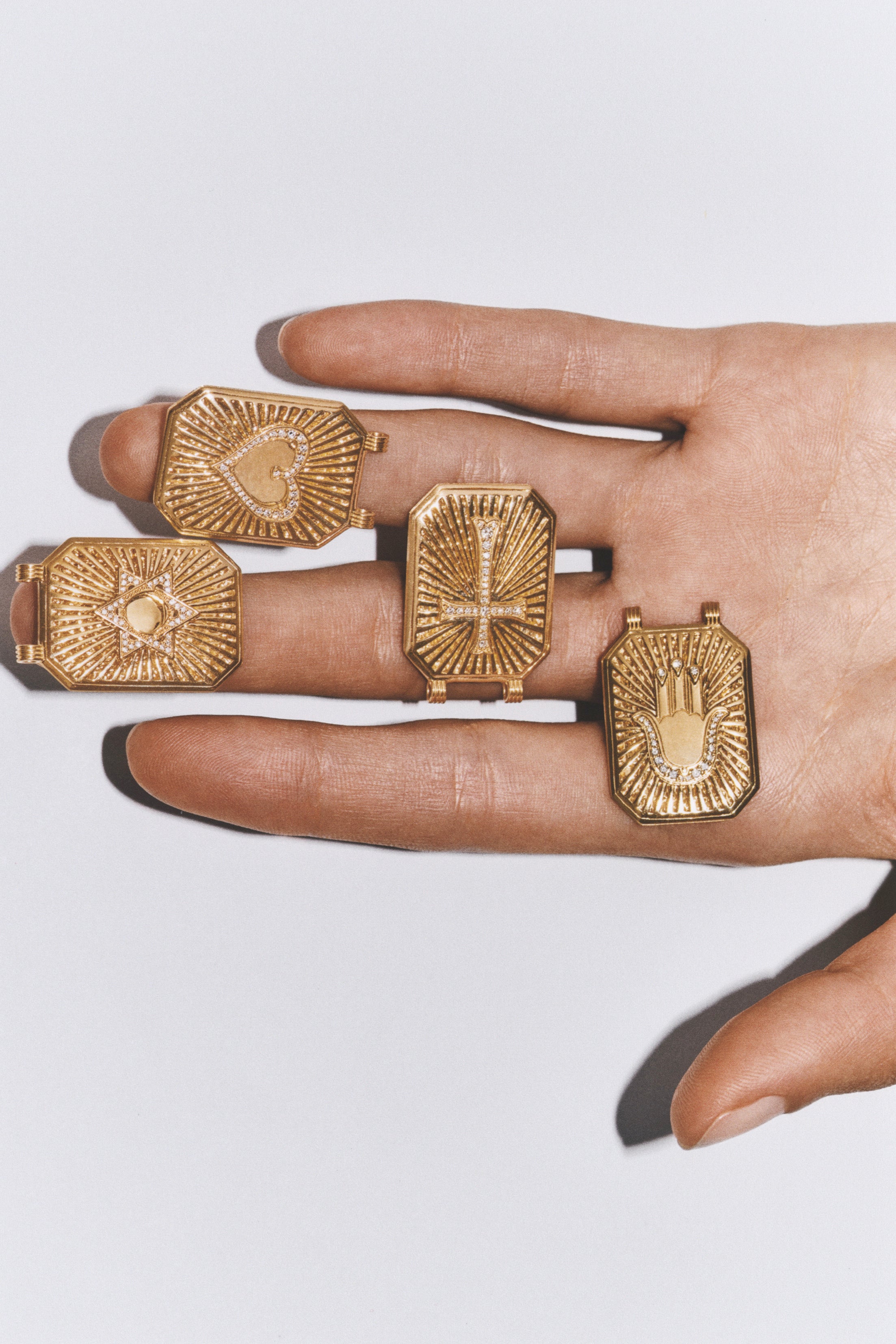 18k yellow gold diamond hamsa hand scapular gold pendant necklace by Marie Lichtenberg Tiny Gods 