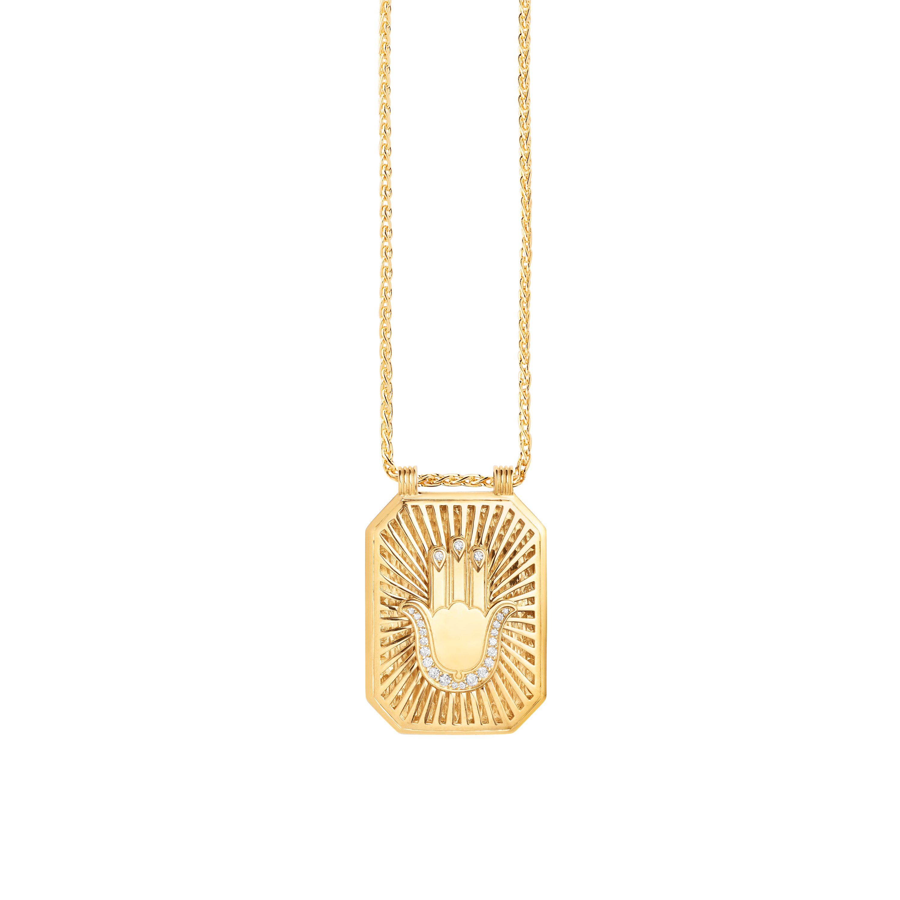 18k yellow gold diamond hamsa hand scapular gold pendant necklace by Marie Lichtenberg Tiny Gods 