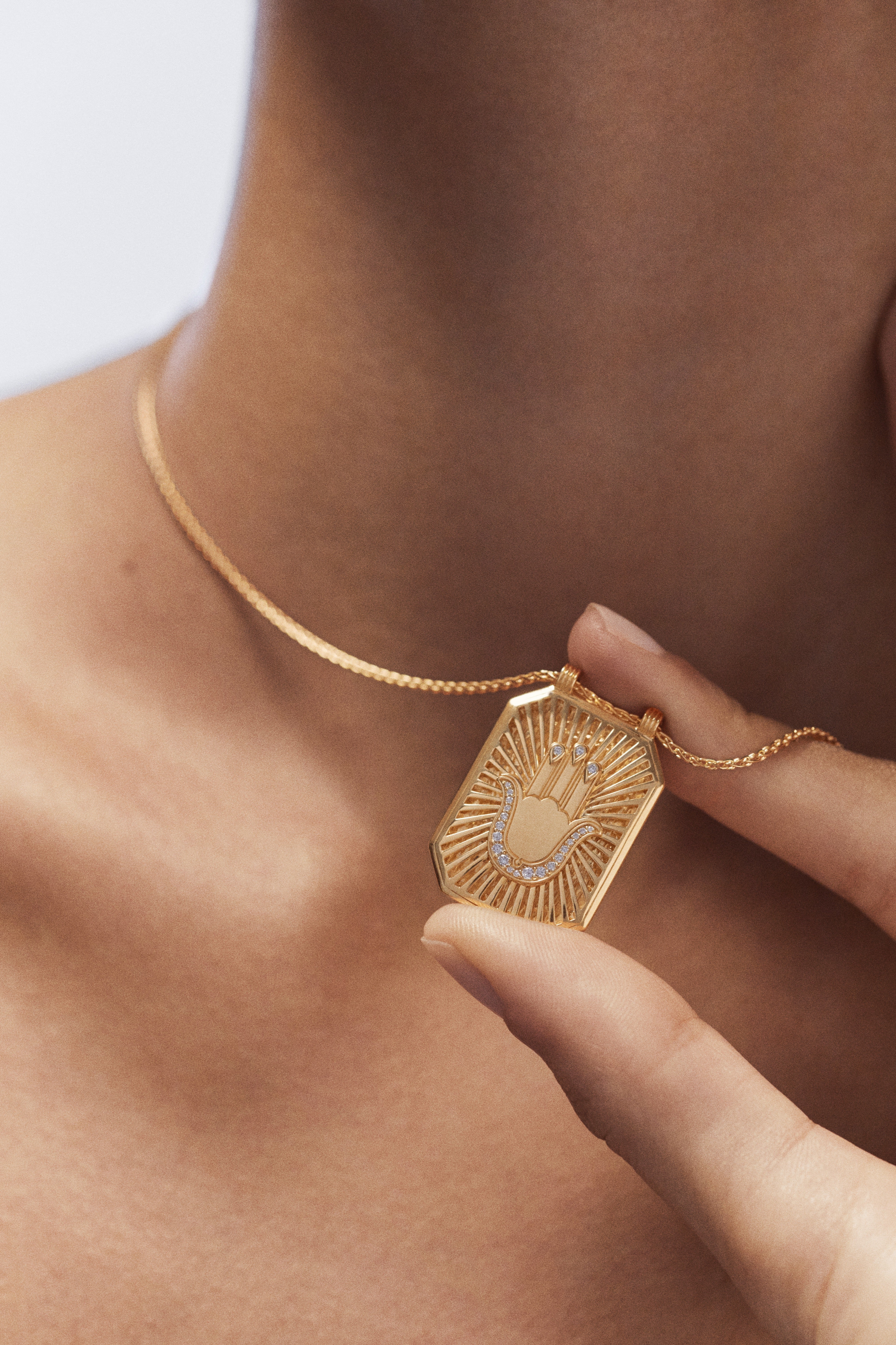 18k yellow gold diamond hamsa hand scapular gold pendant necklace by Marie Lichtenberg Tiny Gods 
