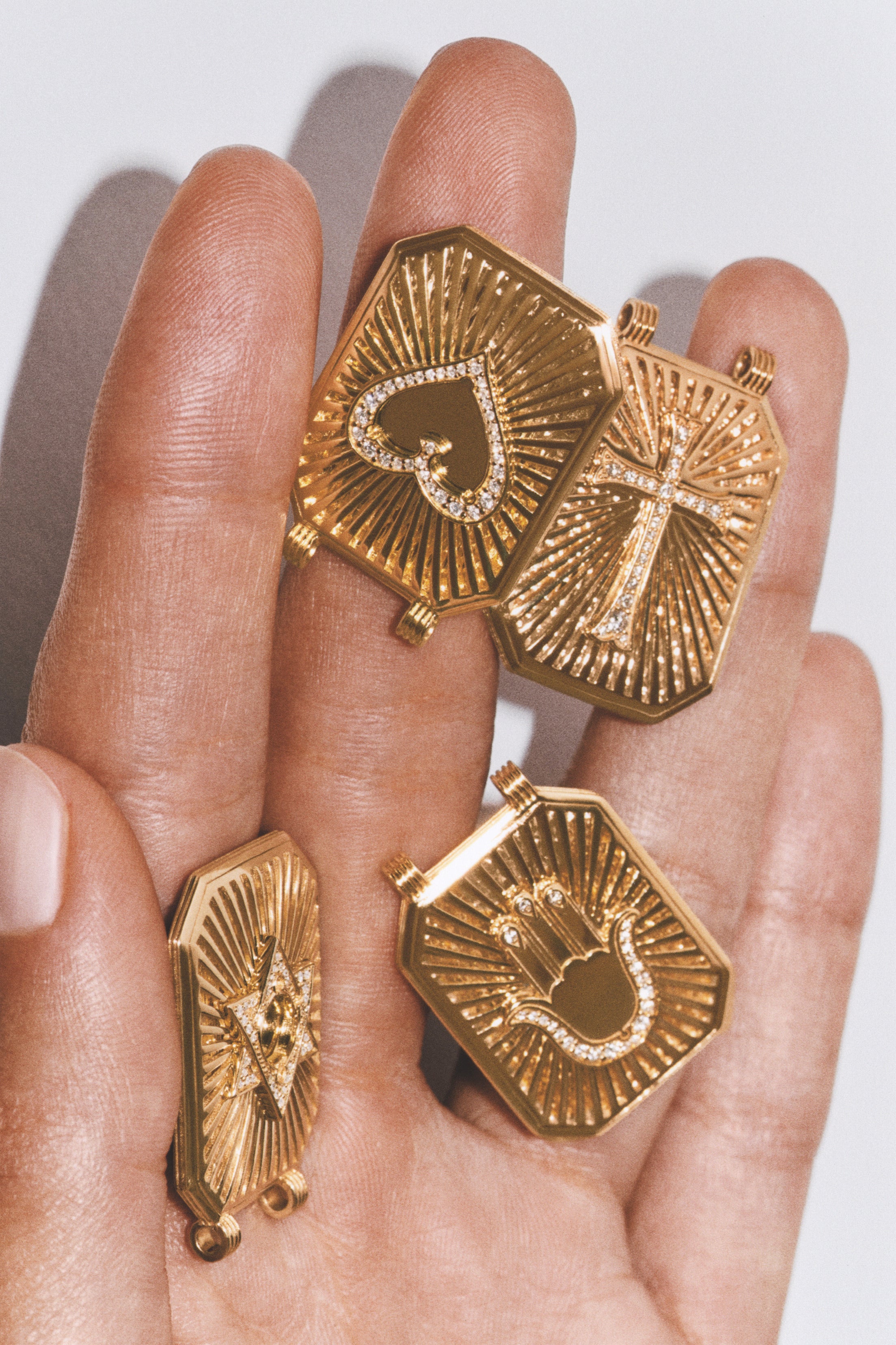 18k yellow gold diamond hamsa hand scapular gold pendant necklace by Marie Lichtenberg Tiny Gods 