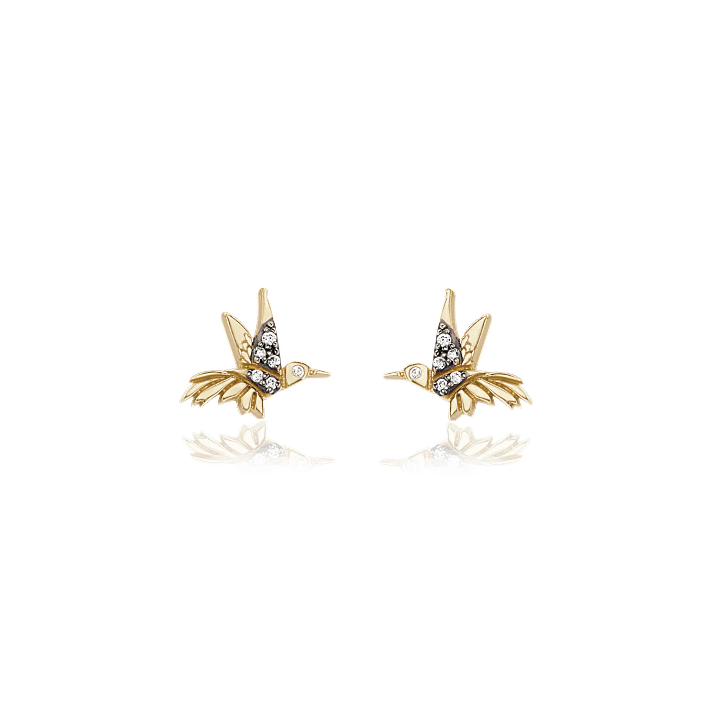 18k yellow gold diamond and black rhodium plated hummingbird stud earrings by Sorellina Tiny Gods 