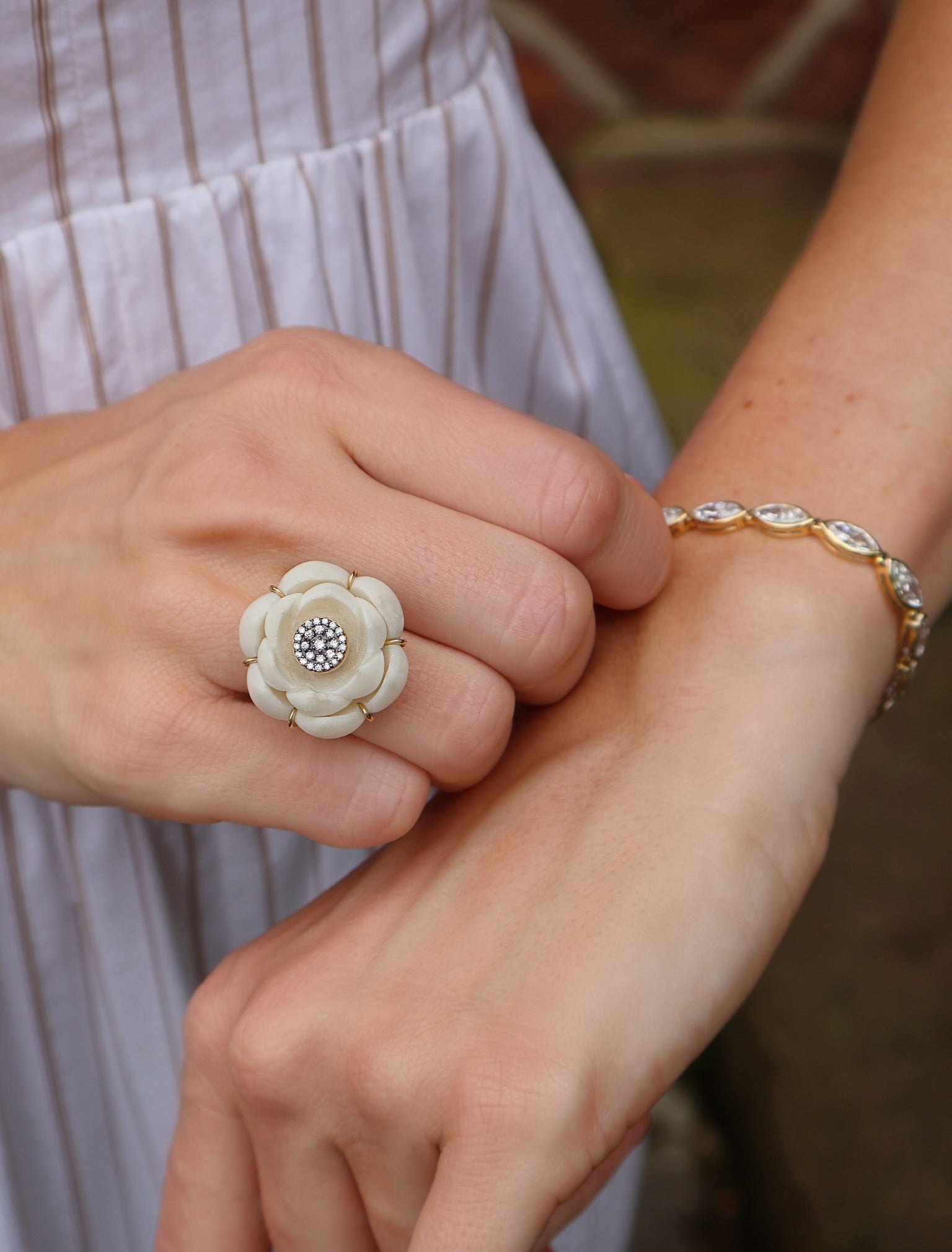 18k yellow gold carved jarina seed tagua white lotus flower diamond ring by Silvia Furmanovich Tiny Gods 