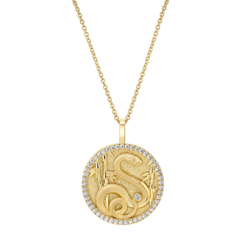 18k yellow gold diamond lucky snake talisman pendant coin by Anita Ko Tiny Gods