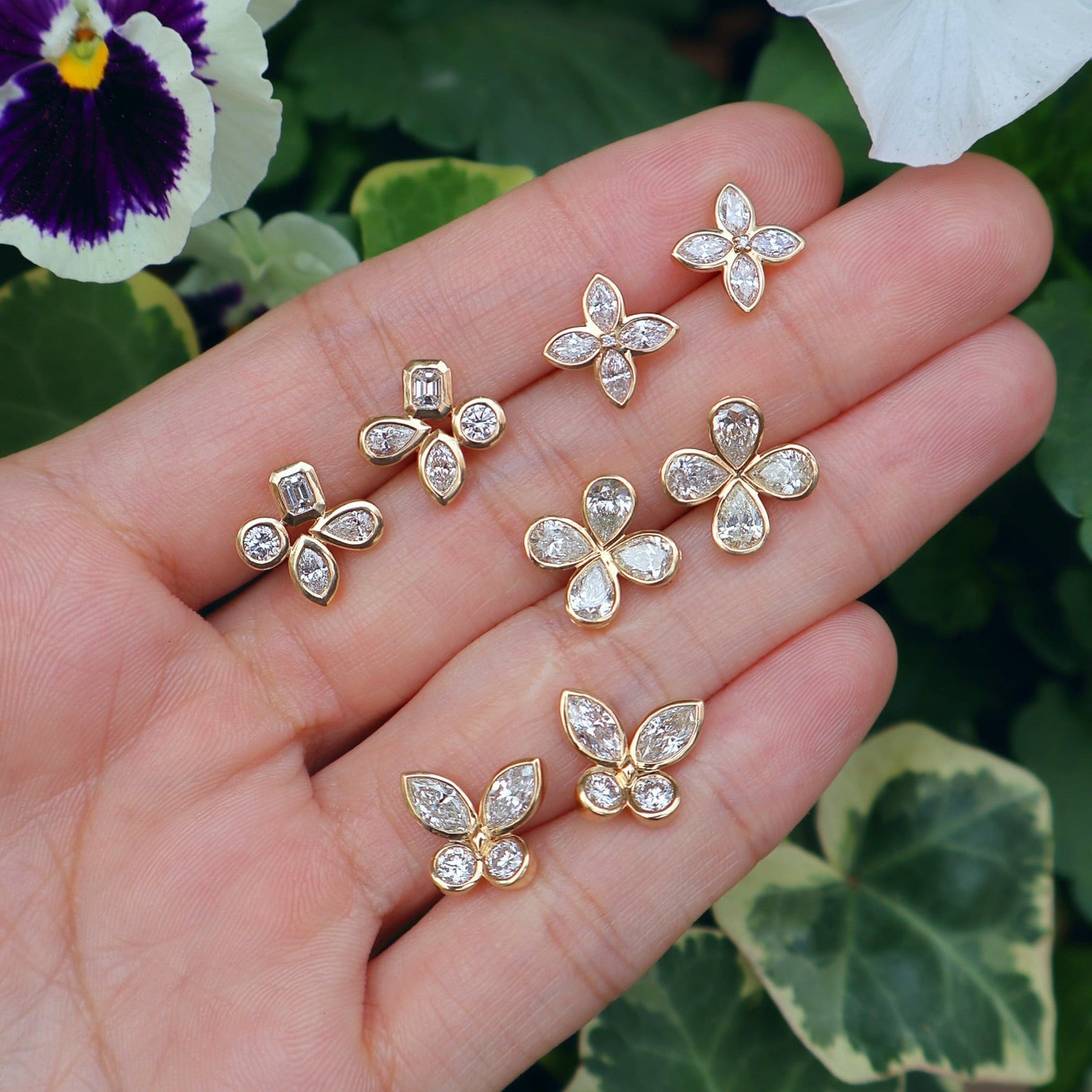 18k yellow gold bezel set marquise diamond flower petal earring studs Tiny Gods