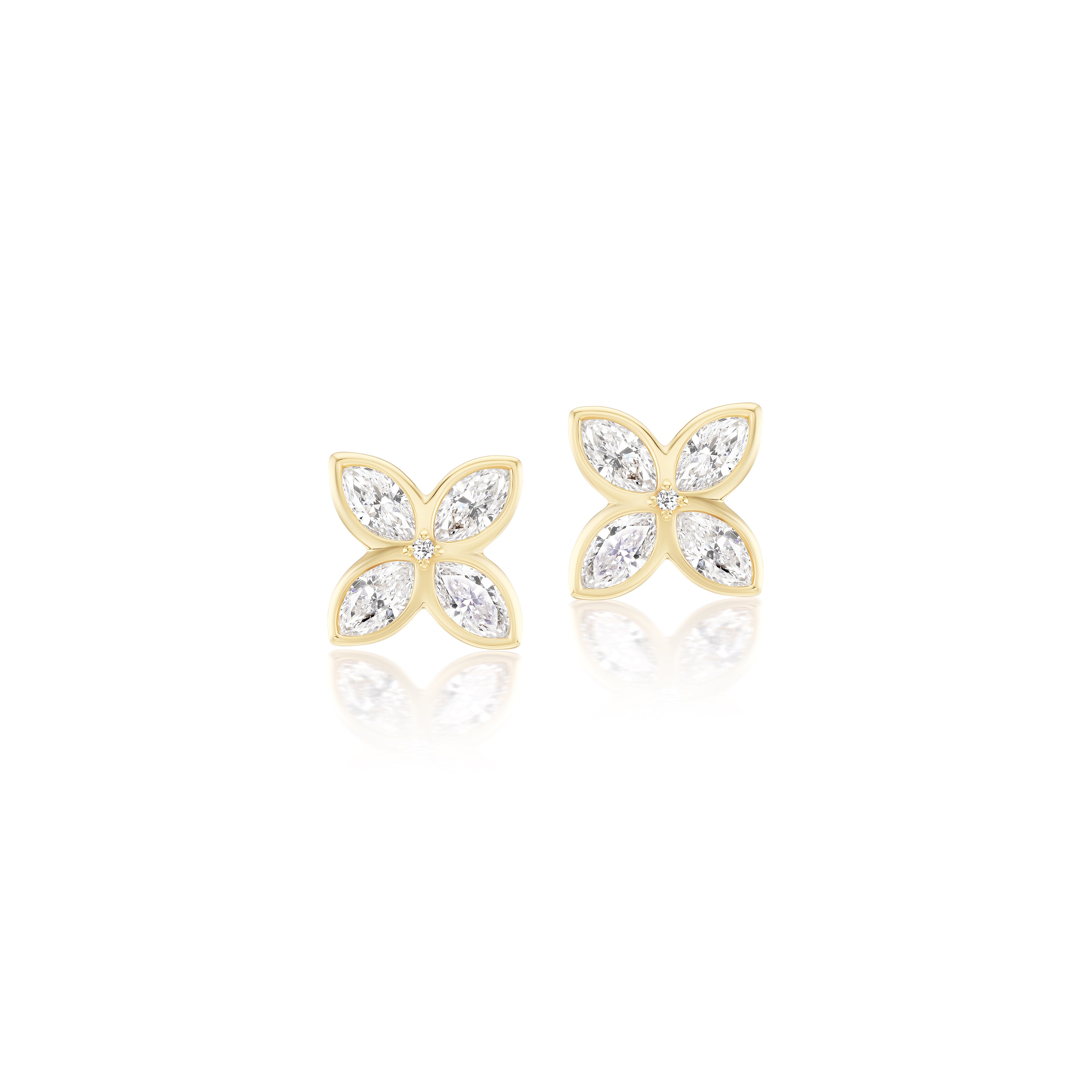 18k yellow gold bezel set marquise diamond flower petal earring studs Tiny Gods