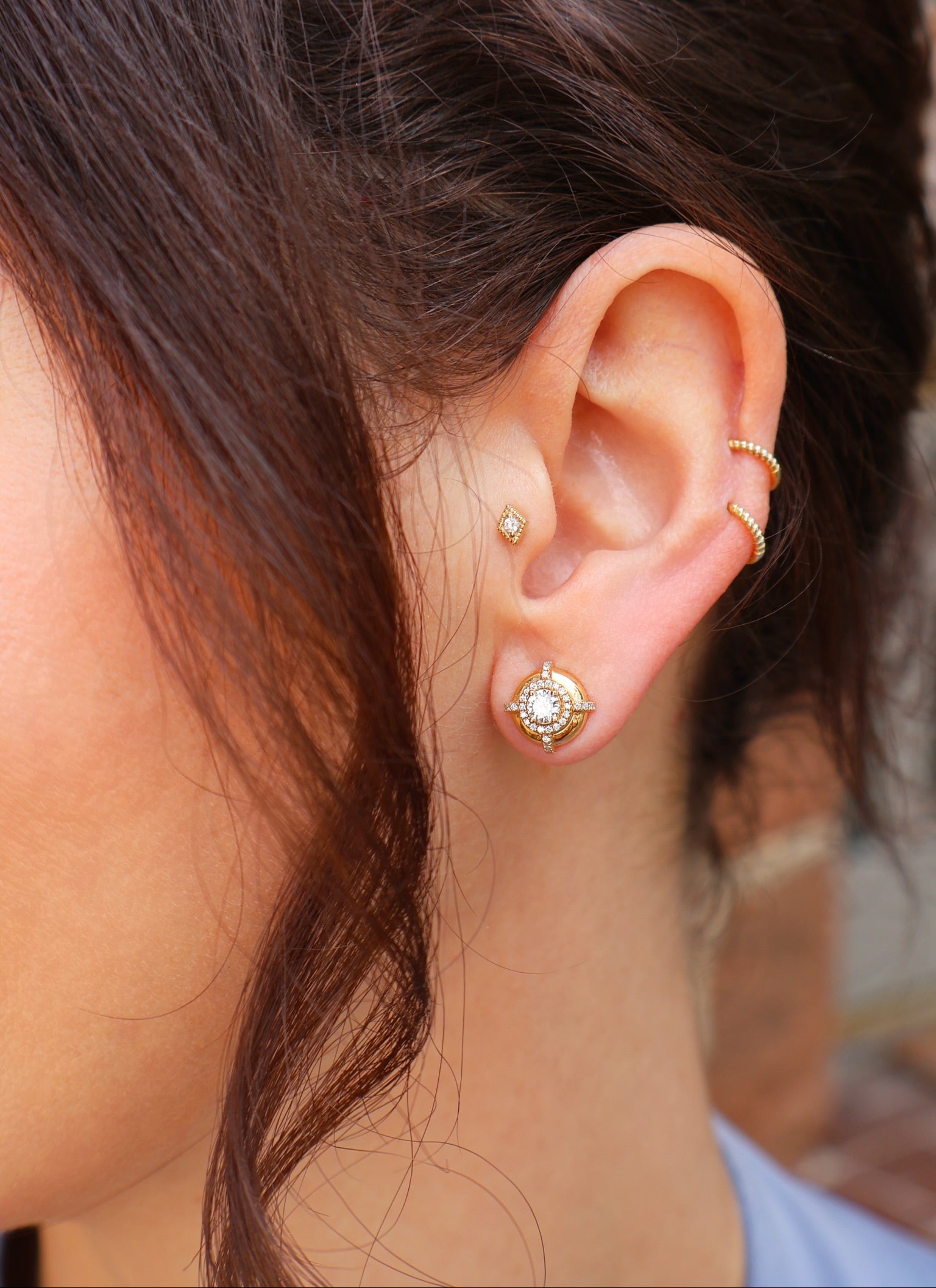 yellow gold diamond medallion stud earrings goshwara tiny gods