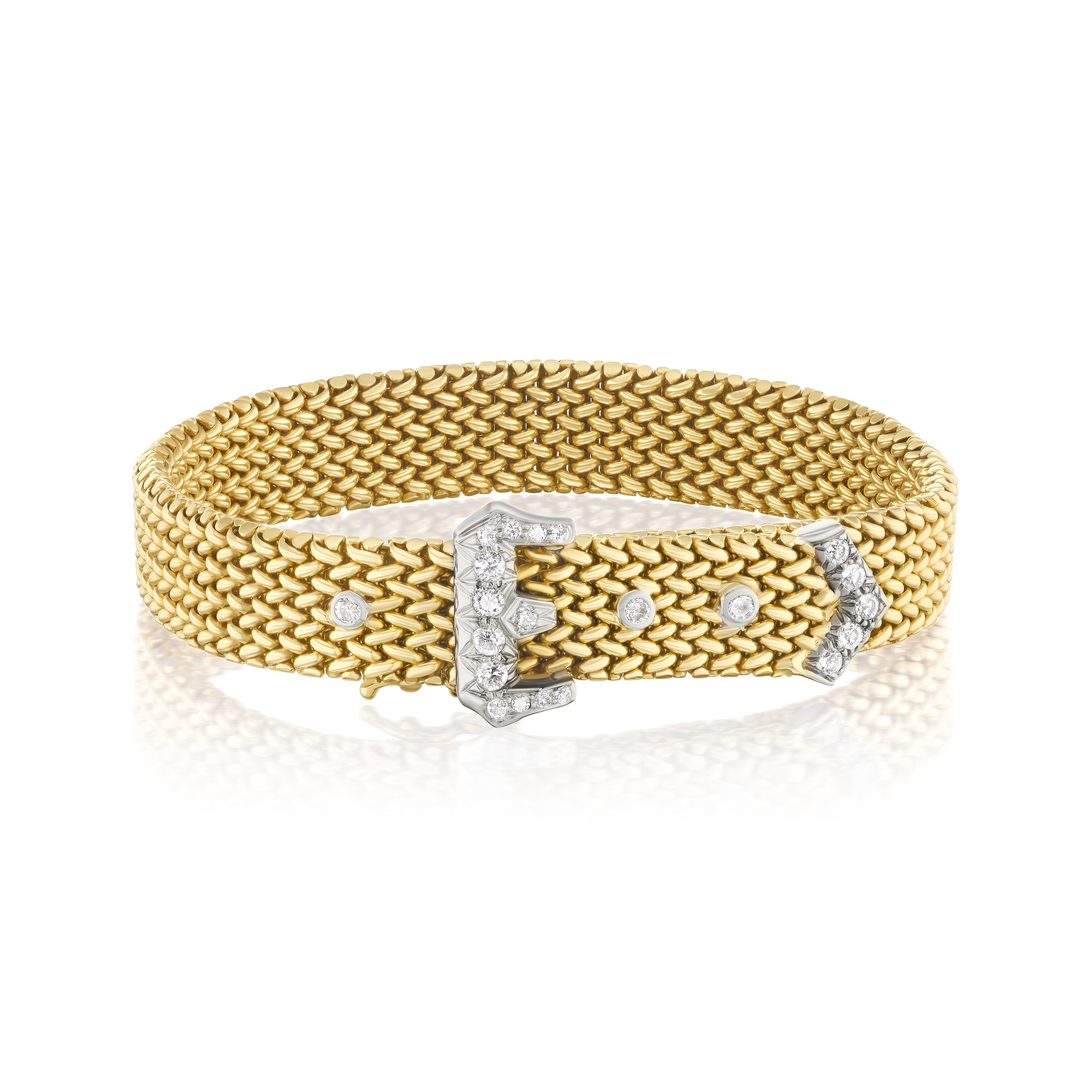 18k yellow gold diamond mesh chain link bracelet with diamond buckle and arrow diamond Tiny gods 