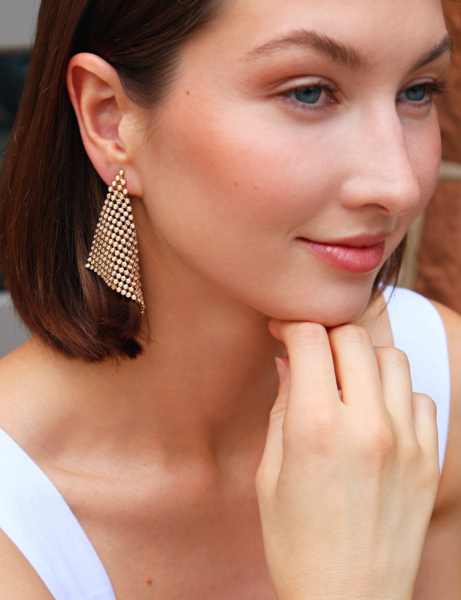 14k yellow gold diamond mesh scarf statement earrings by Tiny Gods