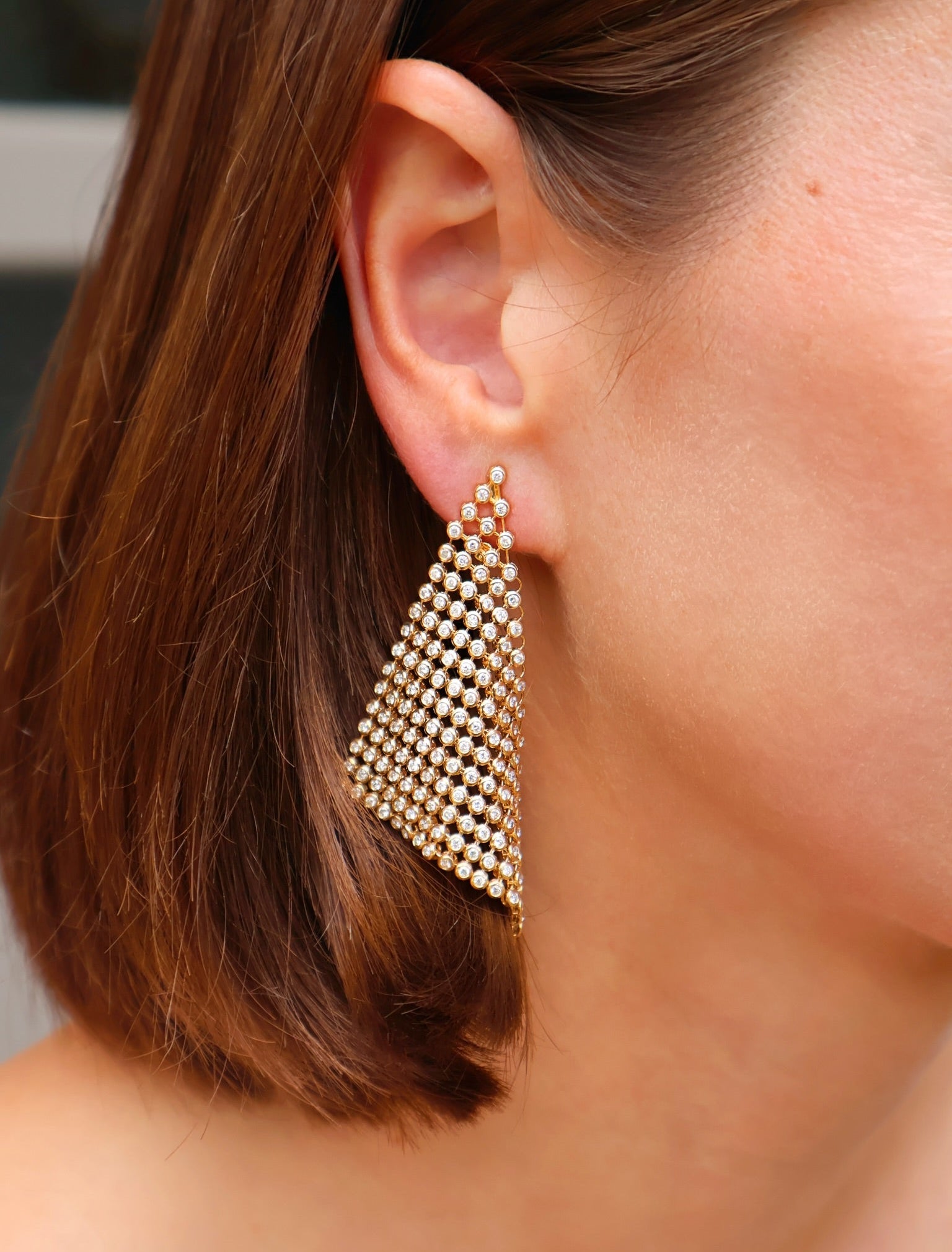 14k yellow gold diamond mesh scarf statement earrings by Tiny Gods