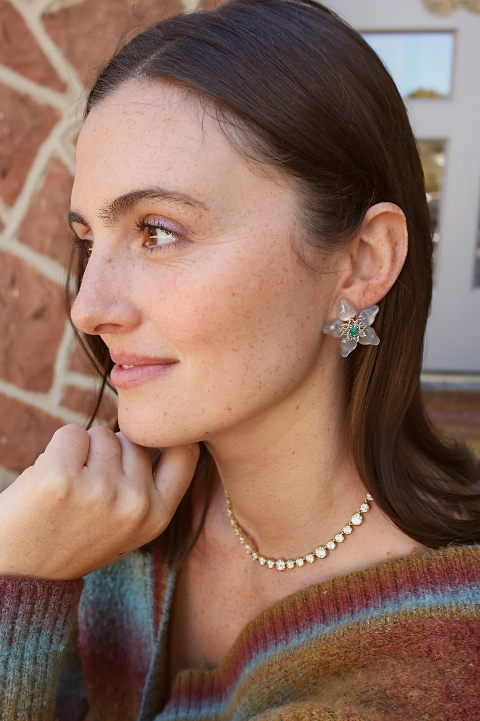 18k yellow gold Moonstone & Emerald Blossom Earrings with white sapphires flower statement by Tallin at Tiny Gods