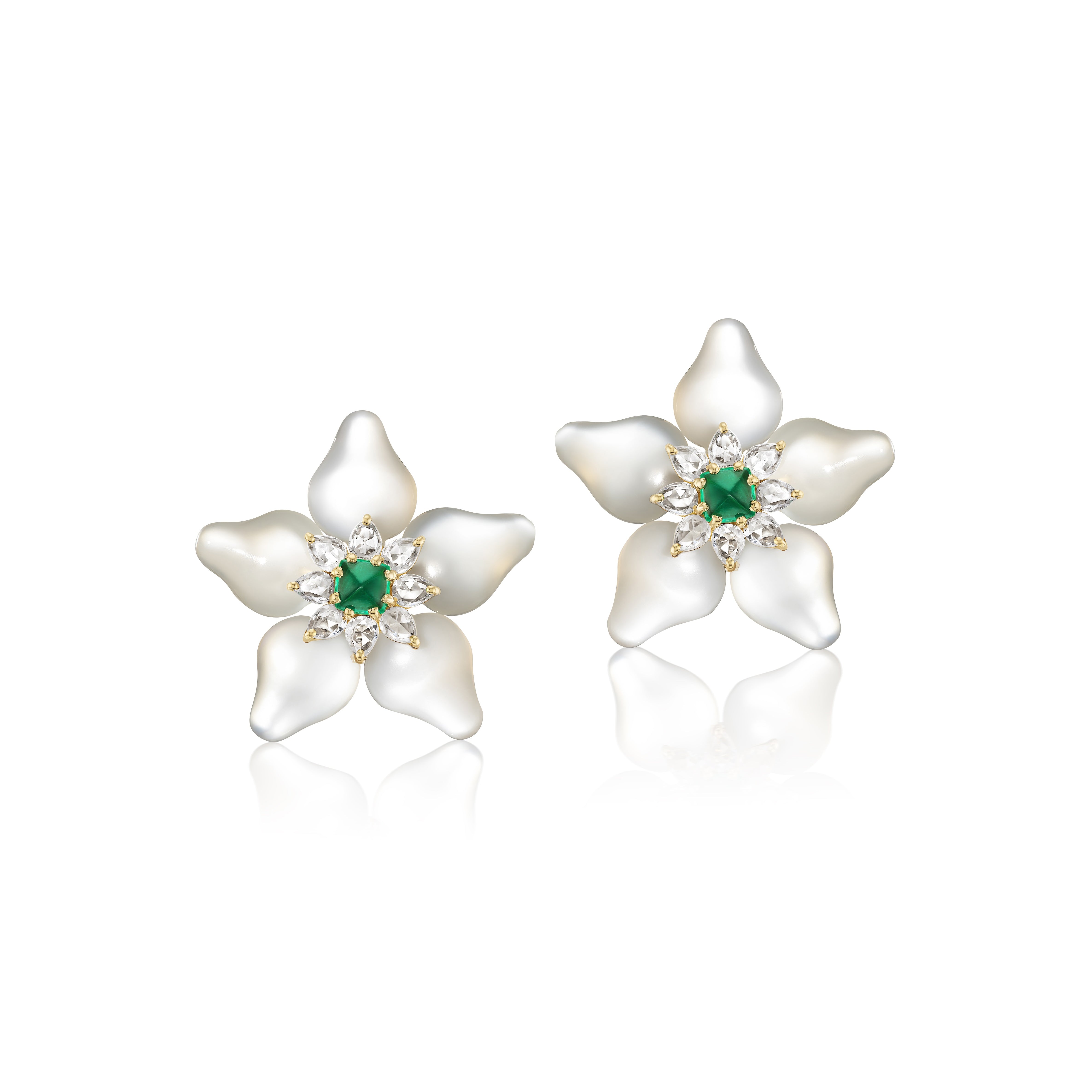 18k yellow gold Moonstone & Emerald Blossom Earrings with white sapphires flower statement by Tallin at Tiny Gods