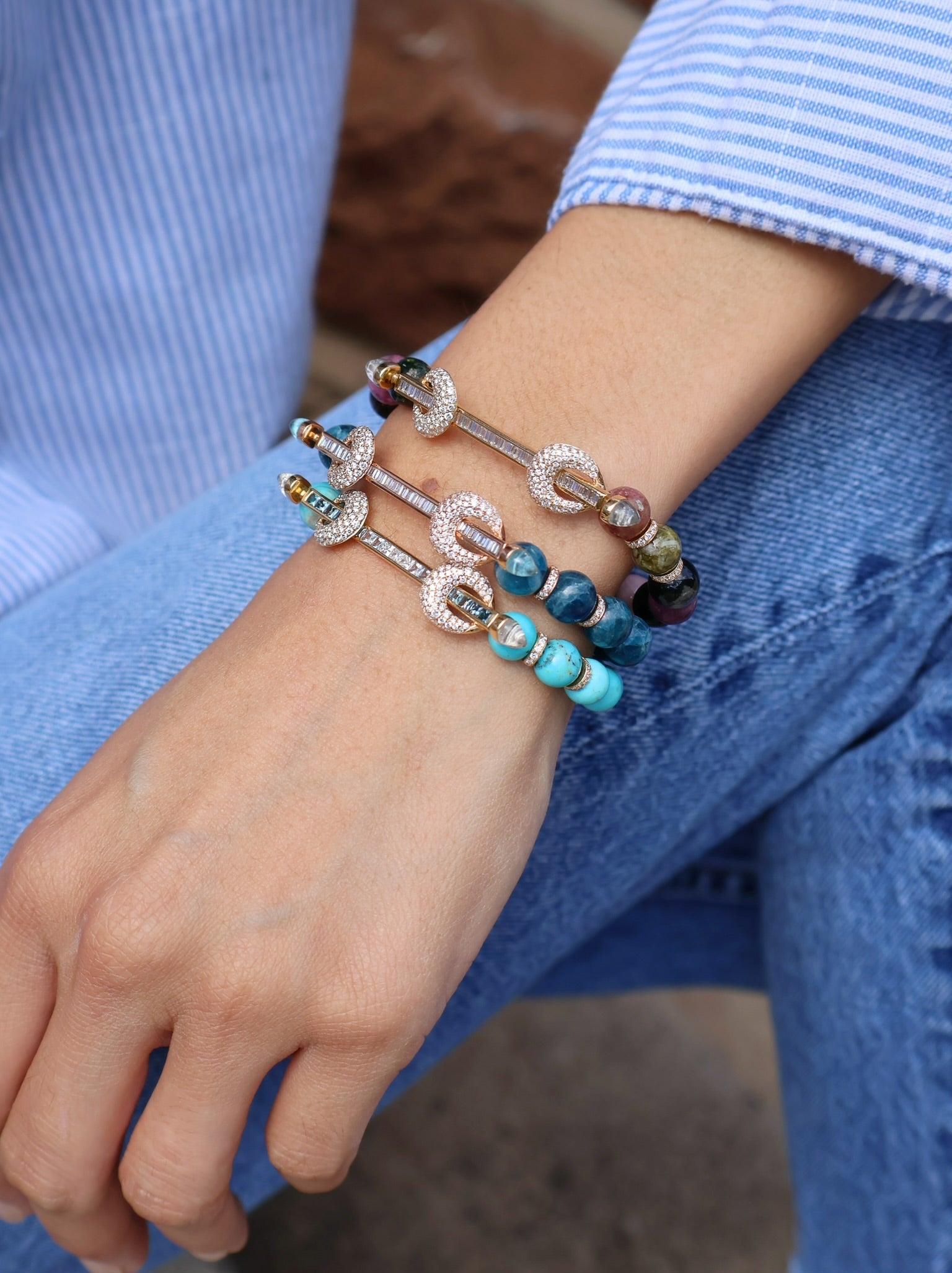 18k yellow gold multi colored agate beads with diamond baguette bar and diamond pave loops bracelet by Ananya Tiny Gods 