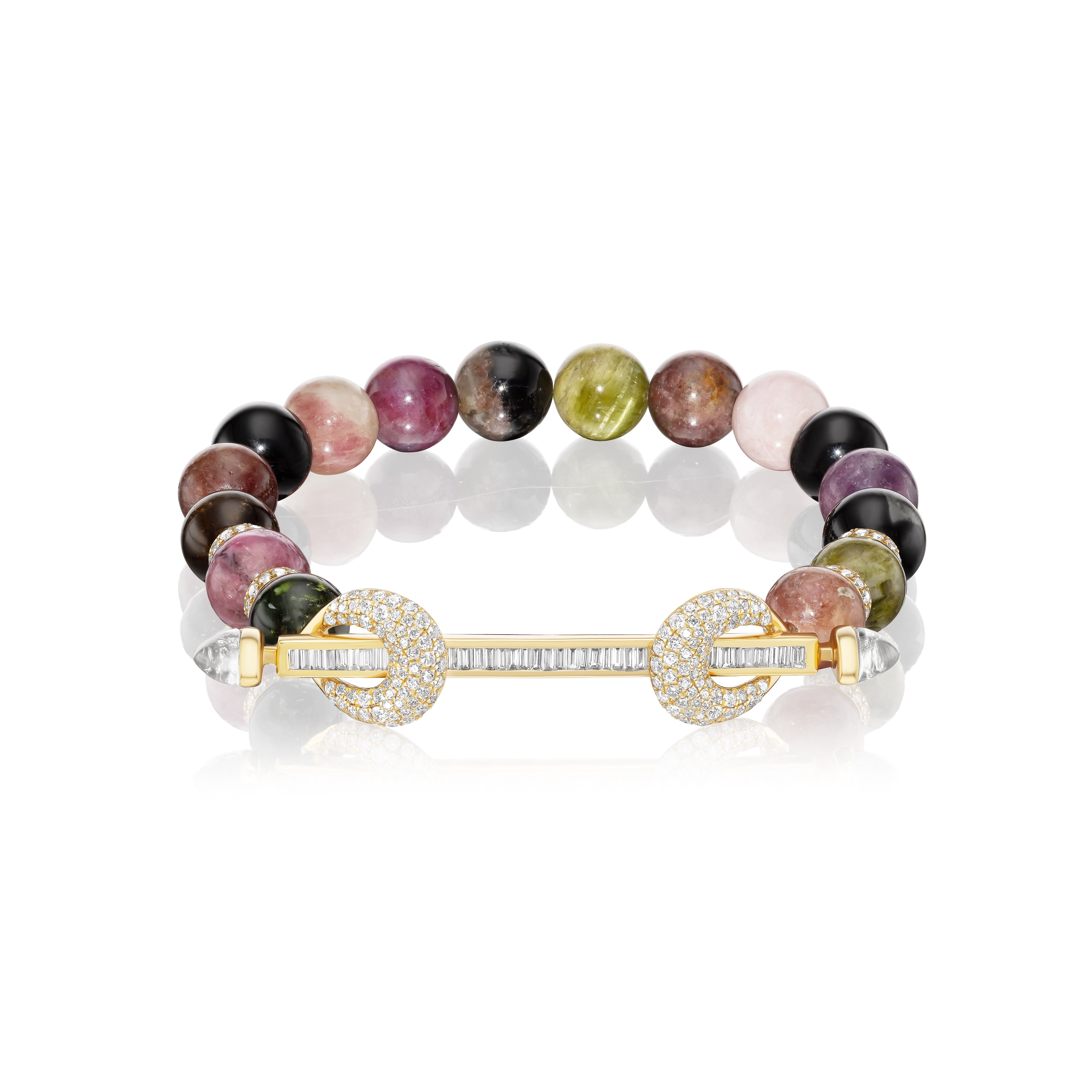 18k yellow gold multi colored agate beads with diamond baguette bar and diamond pave loops bracelet by Ananya Tiny Gods 