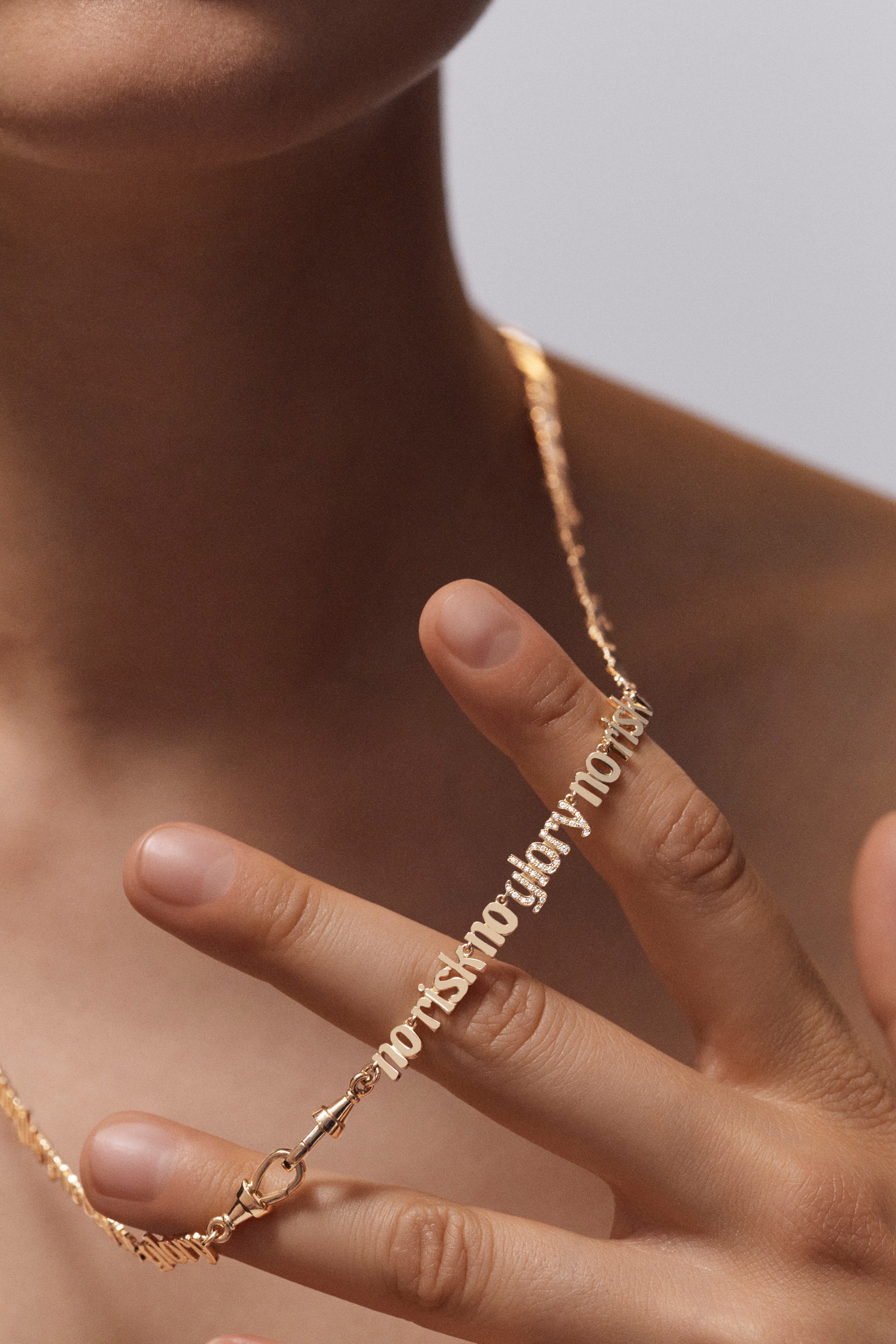 18k yellow gold diamond no risk no glory chain link necklace by Marie Lichtenberg Tiny Gods