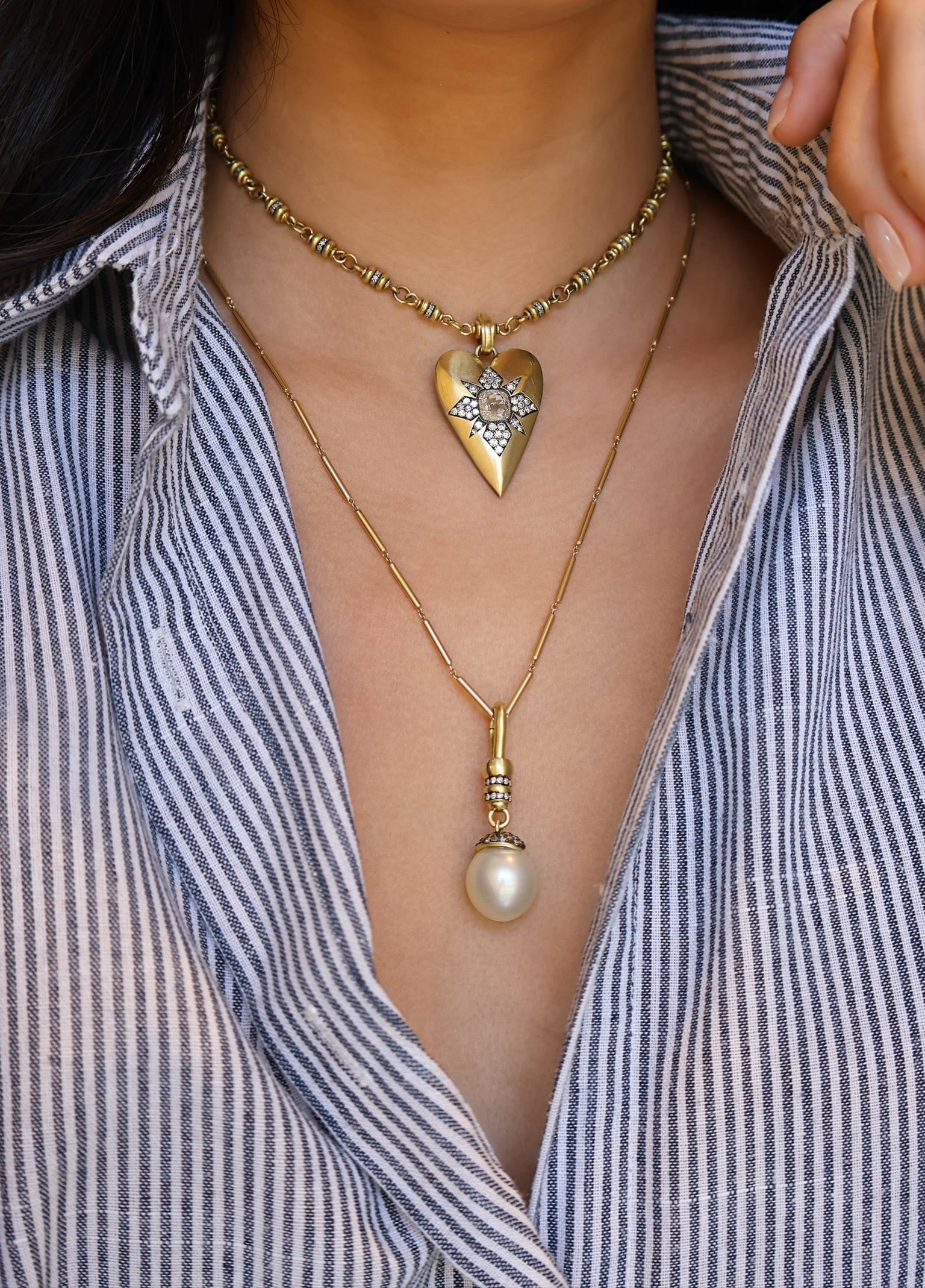 18k yellow gold and silver cushion cut diamond pave gilded age heart pendant by Sylva & Cie Tiny Gods 