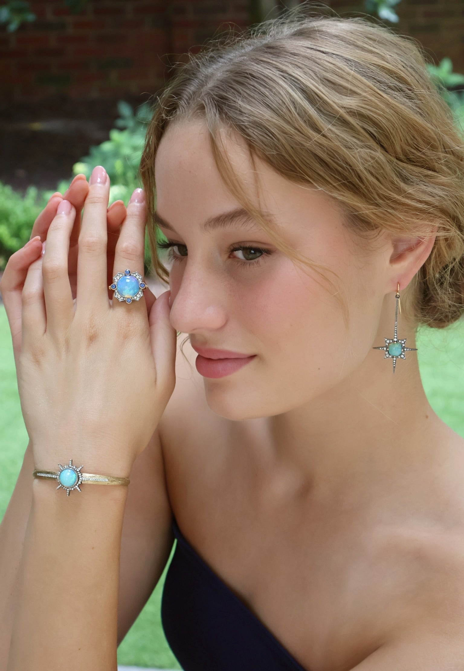 18k yellow gold diamond and opal starburst drop earrings by Arman Sarkisyan Tiny Gods 