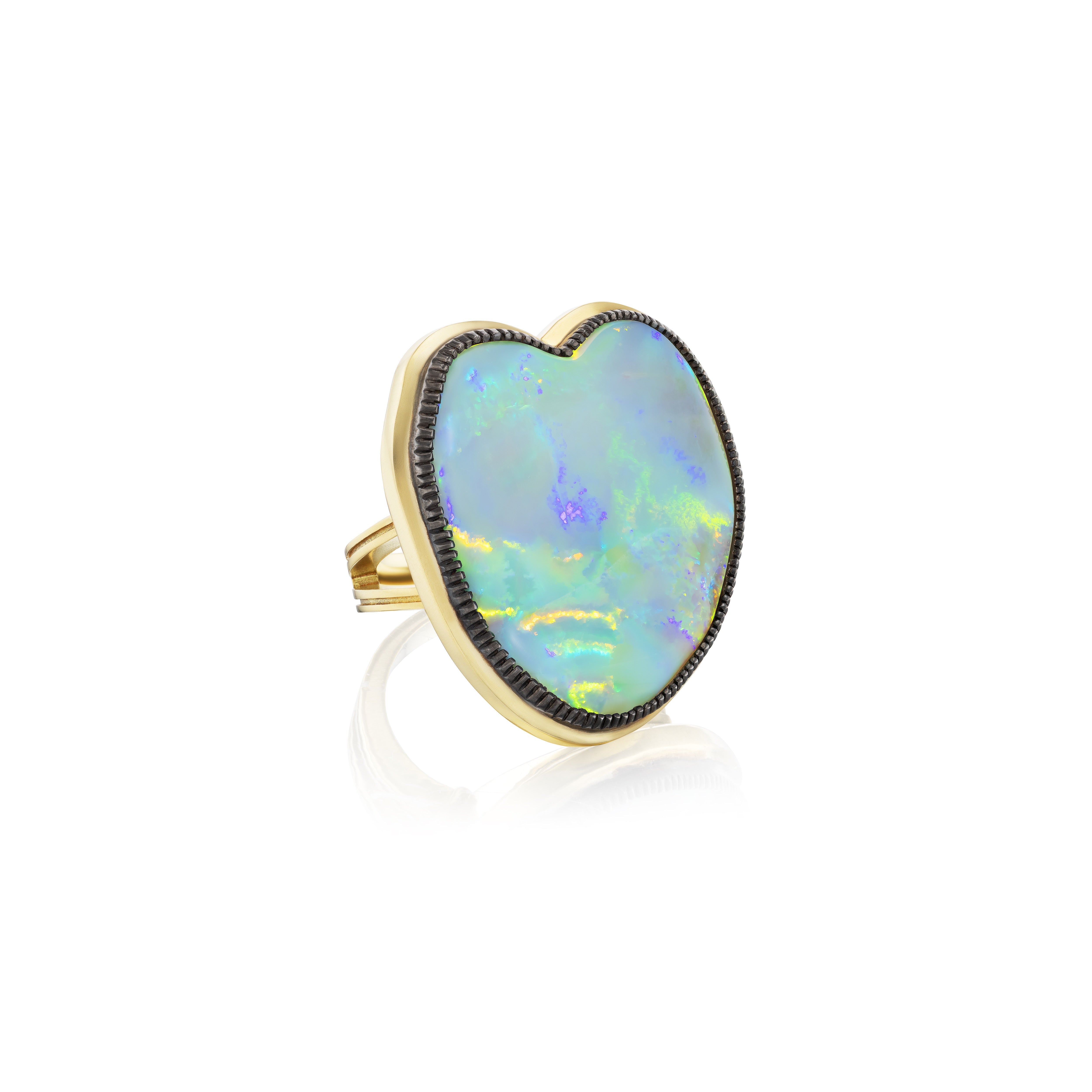 18k yellow gold and silver heart shaped opal statement ring by Sylva & Cie Tiny Gods 
