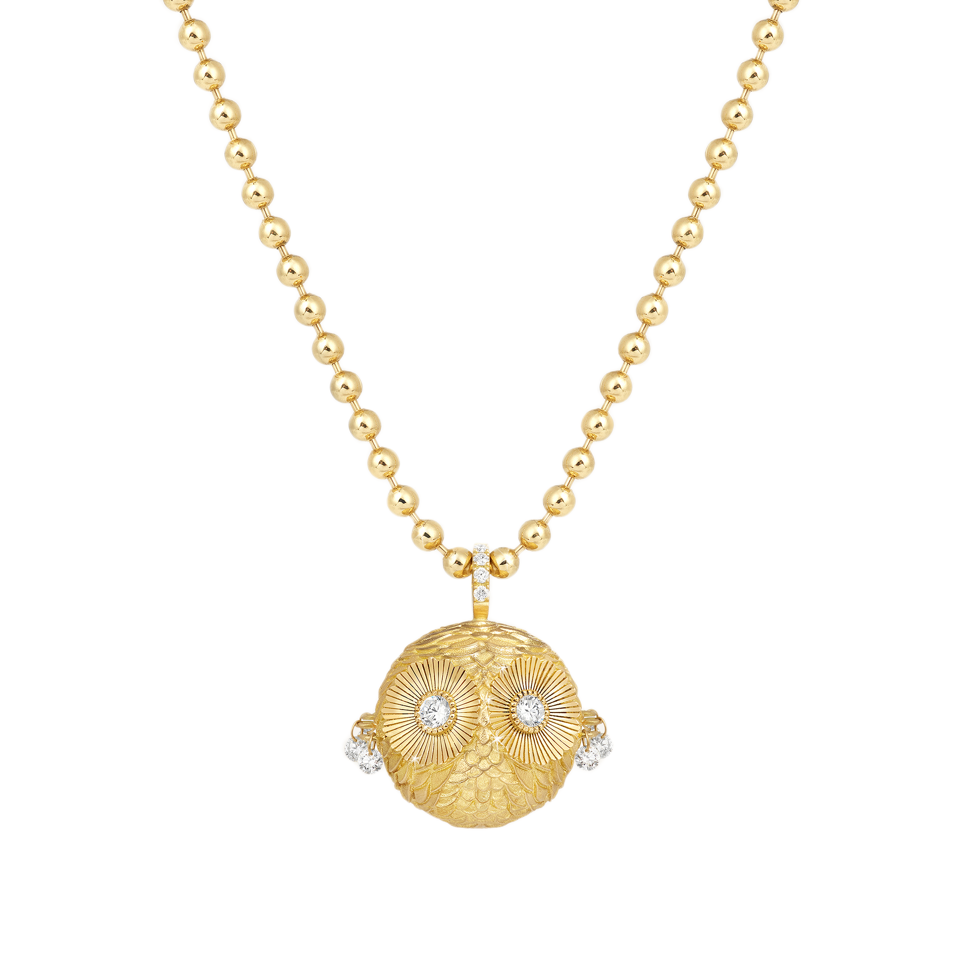 18k yellow gold diamond owl chouette charm pendant with diamond wings round by Salome Rico Tiny Gods 