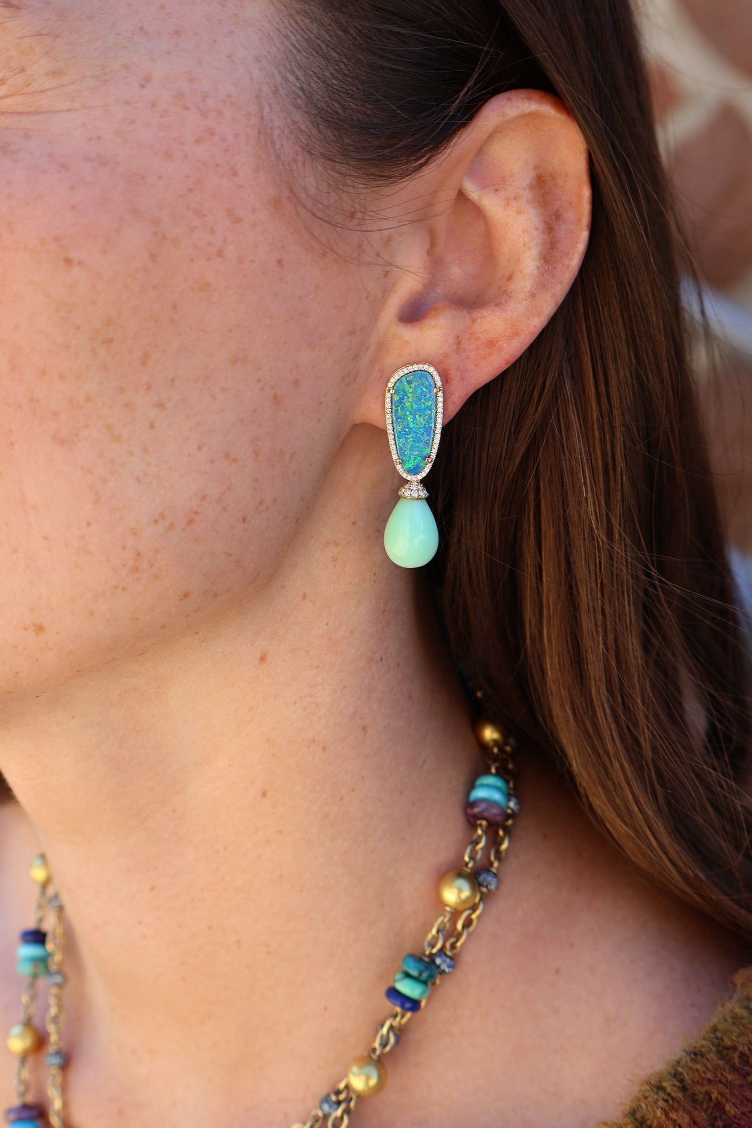 yellow gold diamond pave border austrailian opal mint chrysoprase drop Emma earrings goshwara tiny gods 
