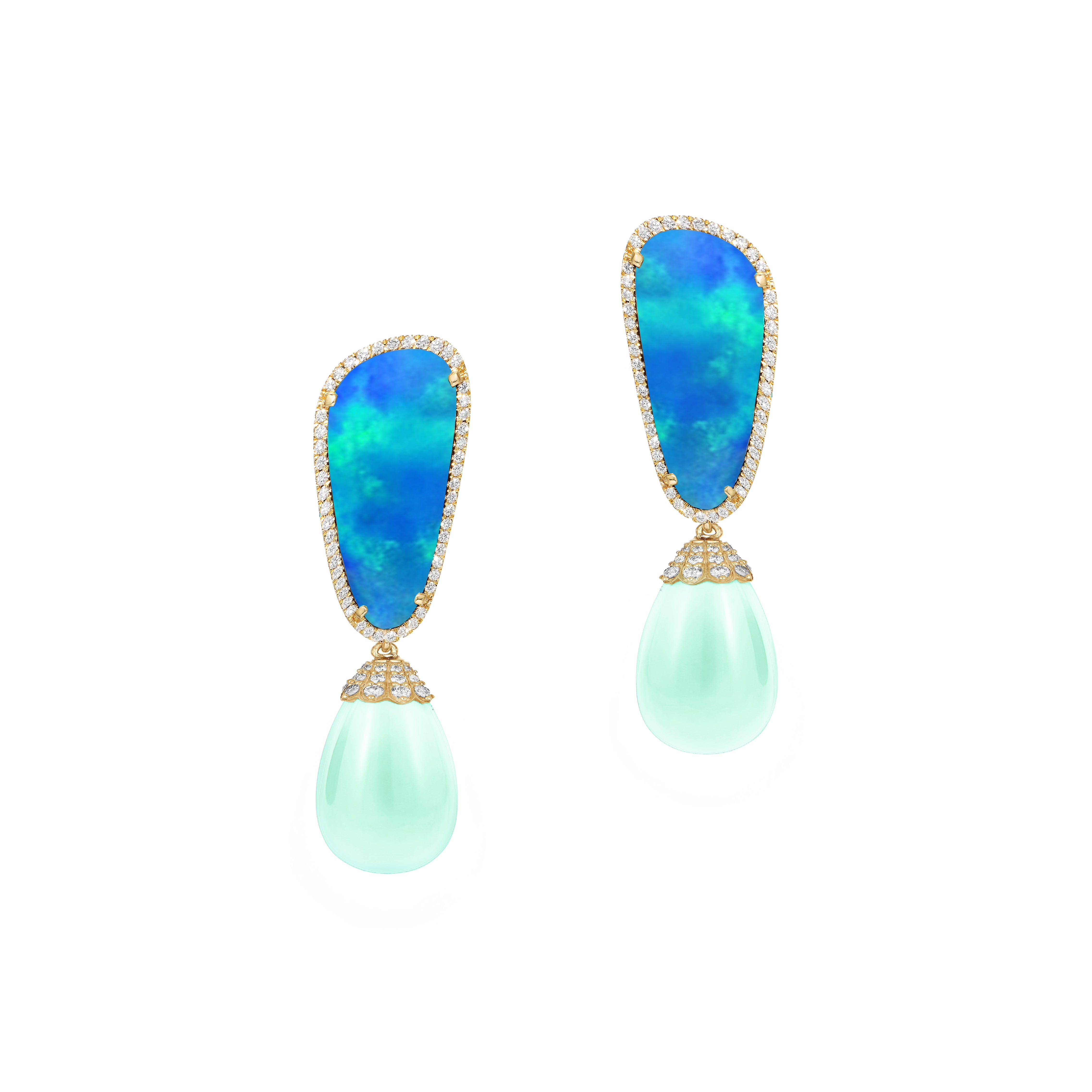 yellow gold diamond pave border austrailian opal mint chrysoprase drop Emma earrings goshwara tiny gods 