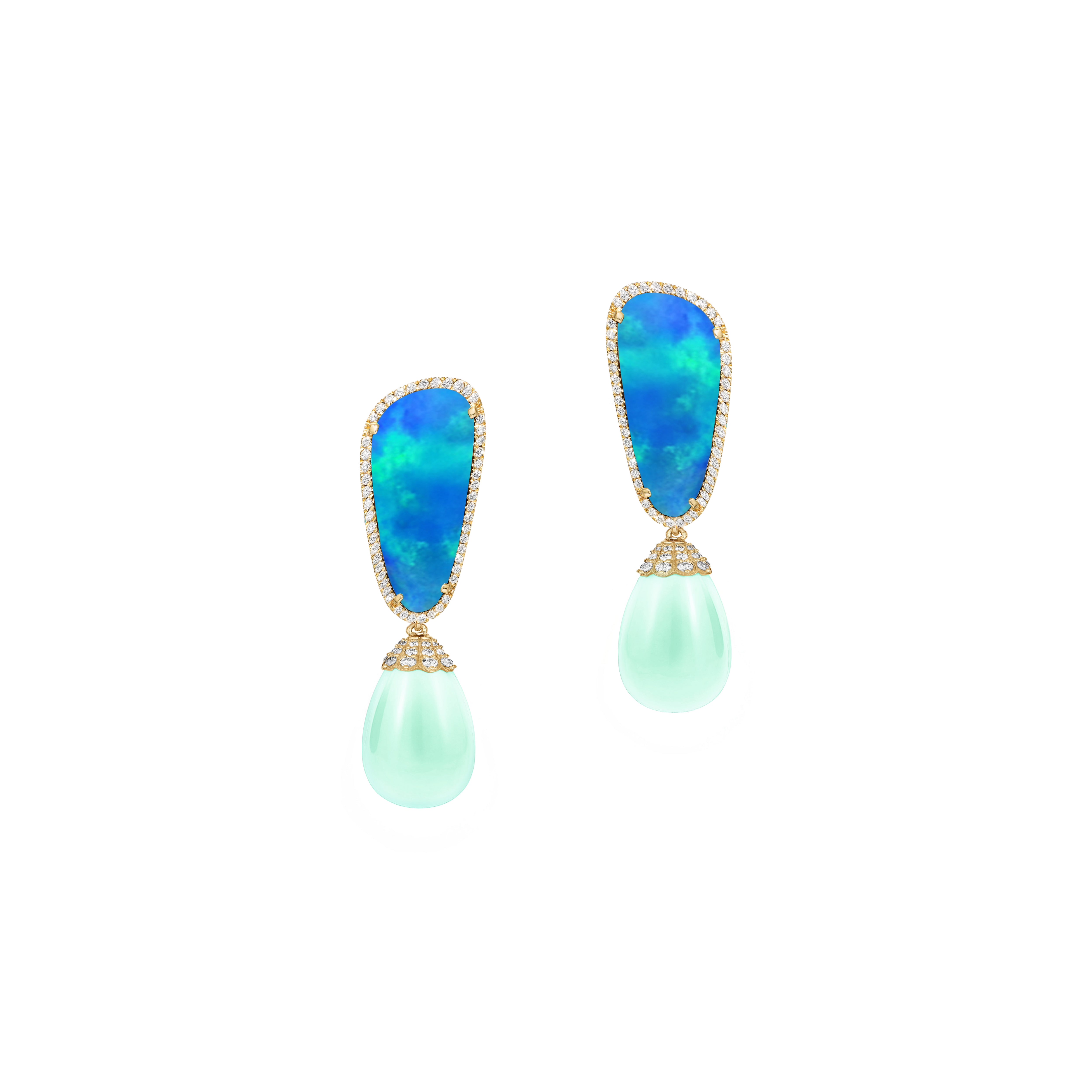 yellow gold diamond pave border austrailian opal mint chrysoprase drop Emma earrings goshwara tiny gods 