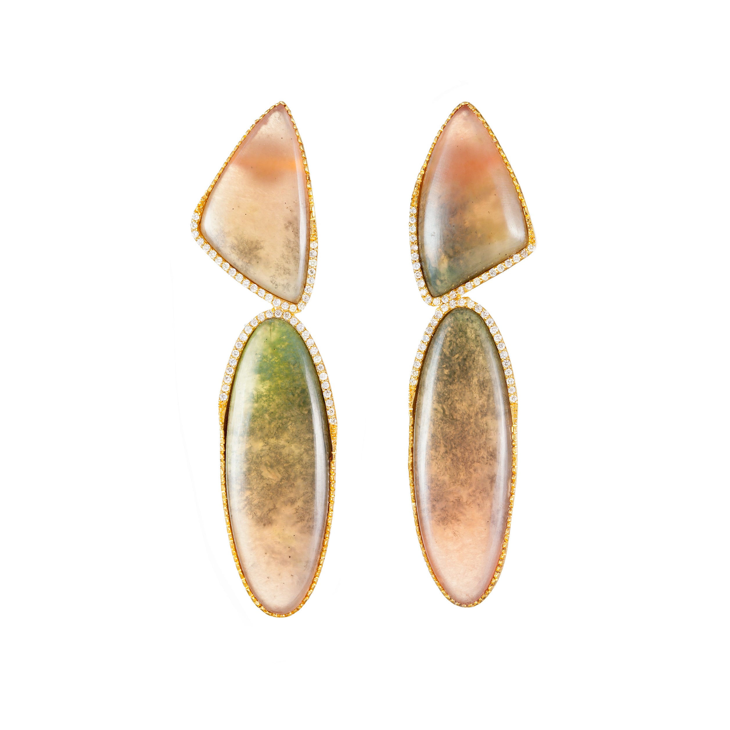 18k yellow gold pastel watermelon tourmaline drop earrings with pink and green with diamond pave border by Guita M Tiny Gods 