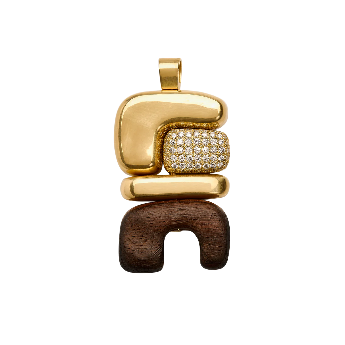 18k yellow gold diamond pave element 2 earth ebony wood totem pendant by Joelle Kharrat Tiny Gods 