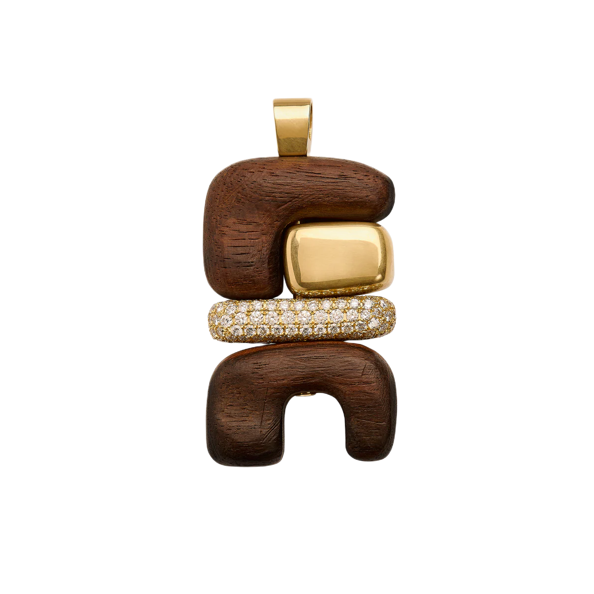 18k yellow gold diamond pave element 3 ebony wood earth totem pendant by Joelle Kharrat Tiny Gods 