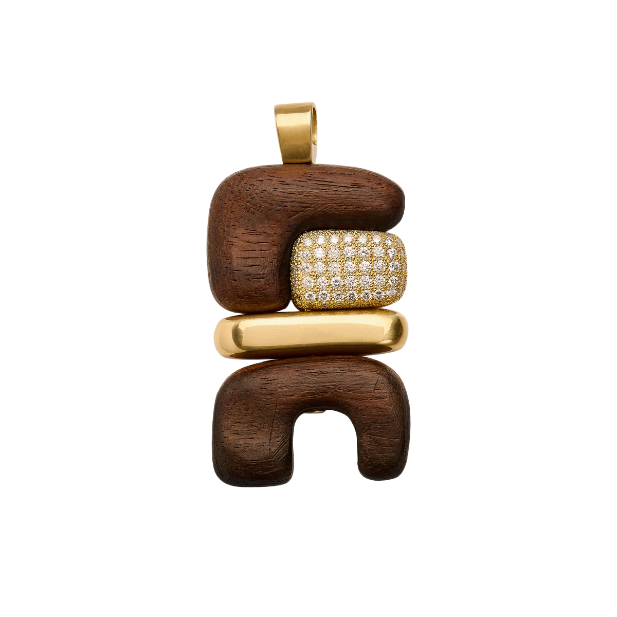 18k yellow gold diamond pave element 2 ebony wood earth totem pendant by Joelle Kharrat Tiny Gods 