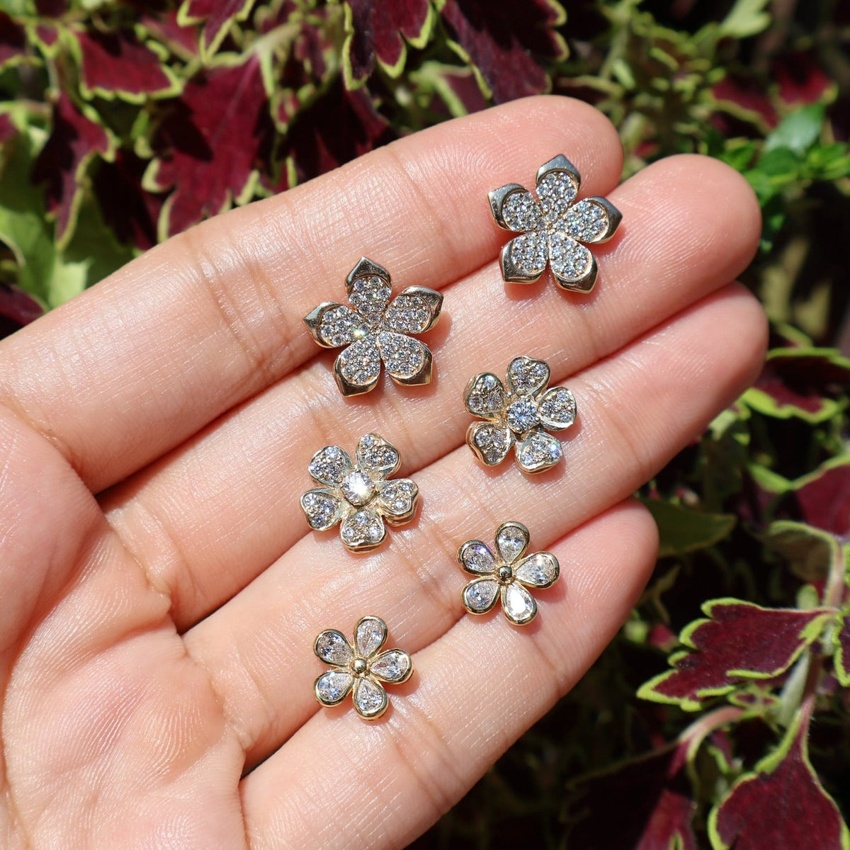 14k yellow gold diamond pave 5 petal flower stud earring Tiny Gods 